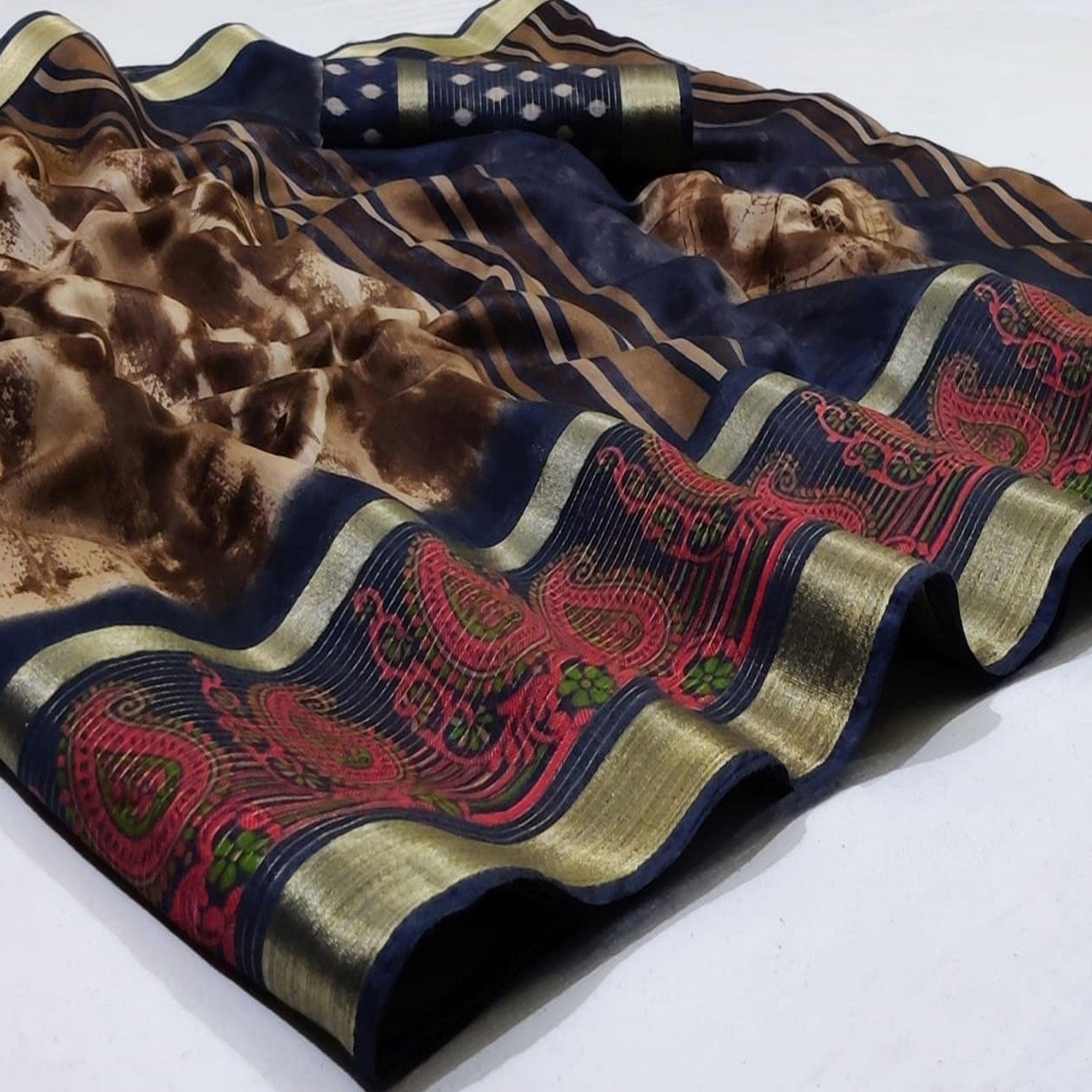 Radiant Brown Colored Casual Wear Printed Cotton Saree - Peachmode