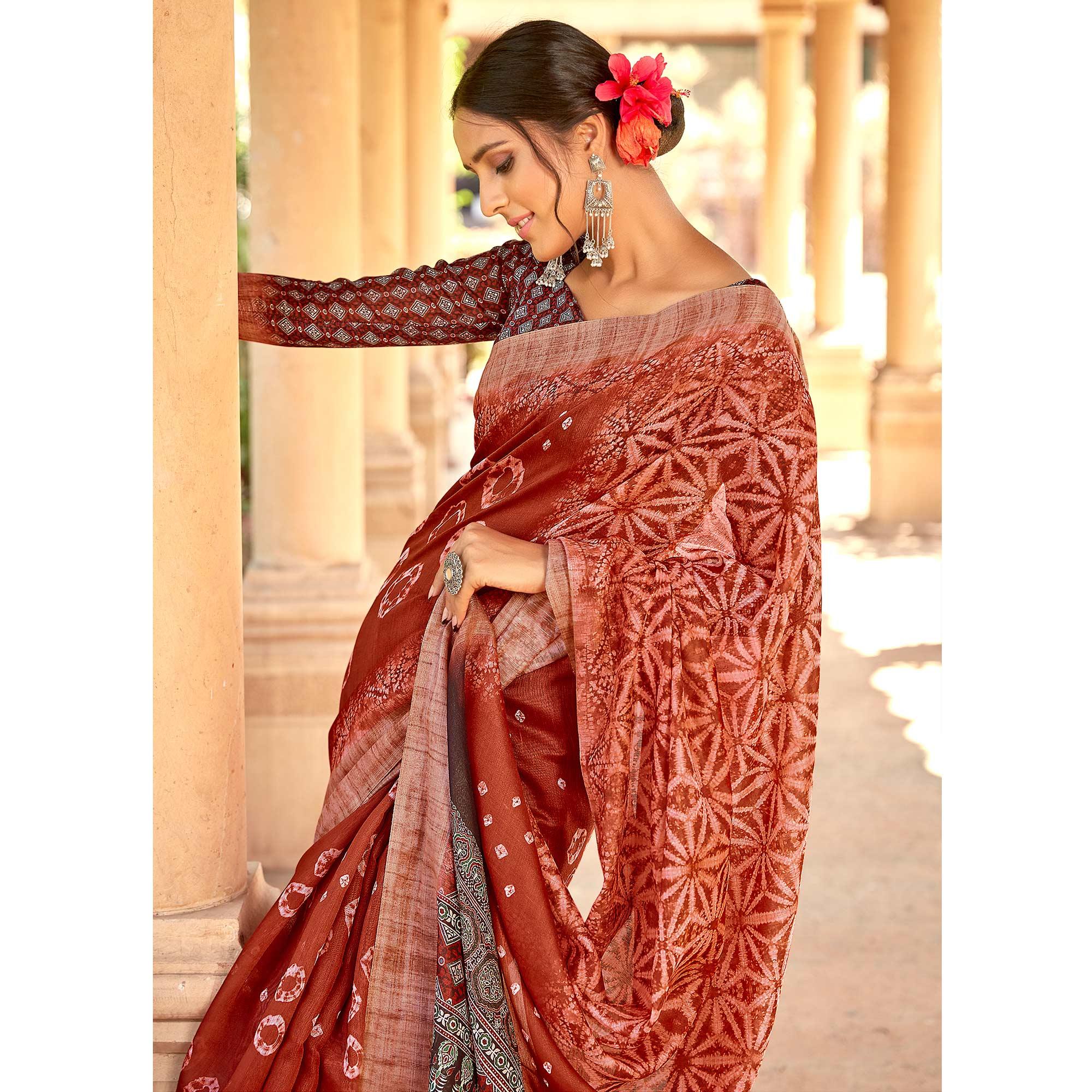 Radiant Brown Colored Digital Printed Festive Wear Linen Designer Saree - Peachmode