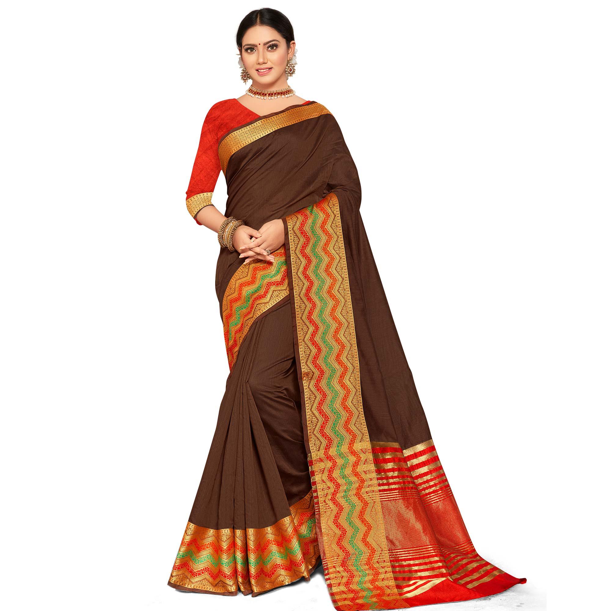 Radiant Brown Colored Festive Wear Woven Kanjivaram Silk Saree - Peachmode