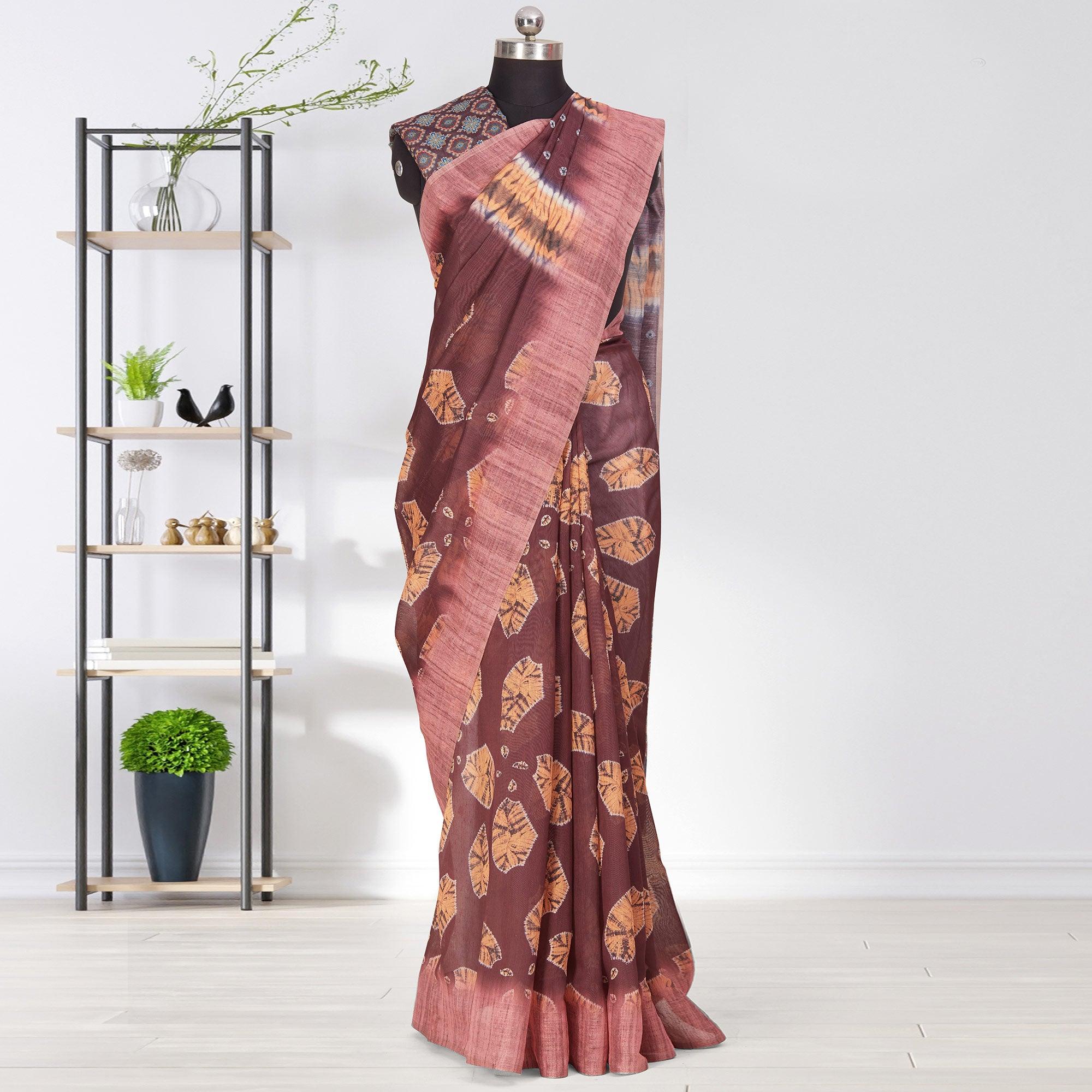 Radiant Brown Coloured Casual Wear Printed Linen Saree - Peachmode