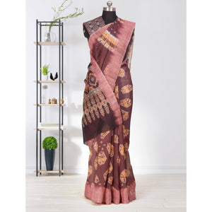Radiant Brown Coloured Casual Wear Printed Linen Saree - Peachmode