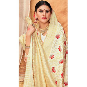 Radiant Cream Colored Festive Wear Woven Silk Blend Saree With Tassels - Peachmode