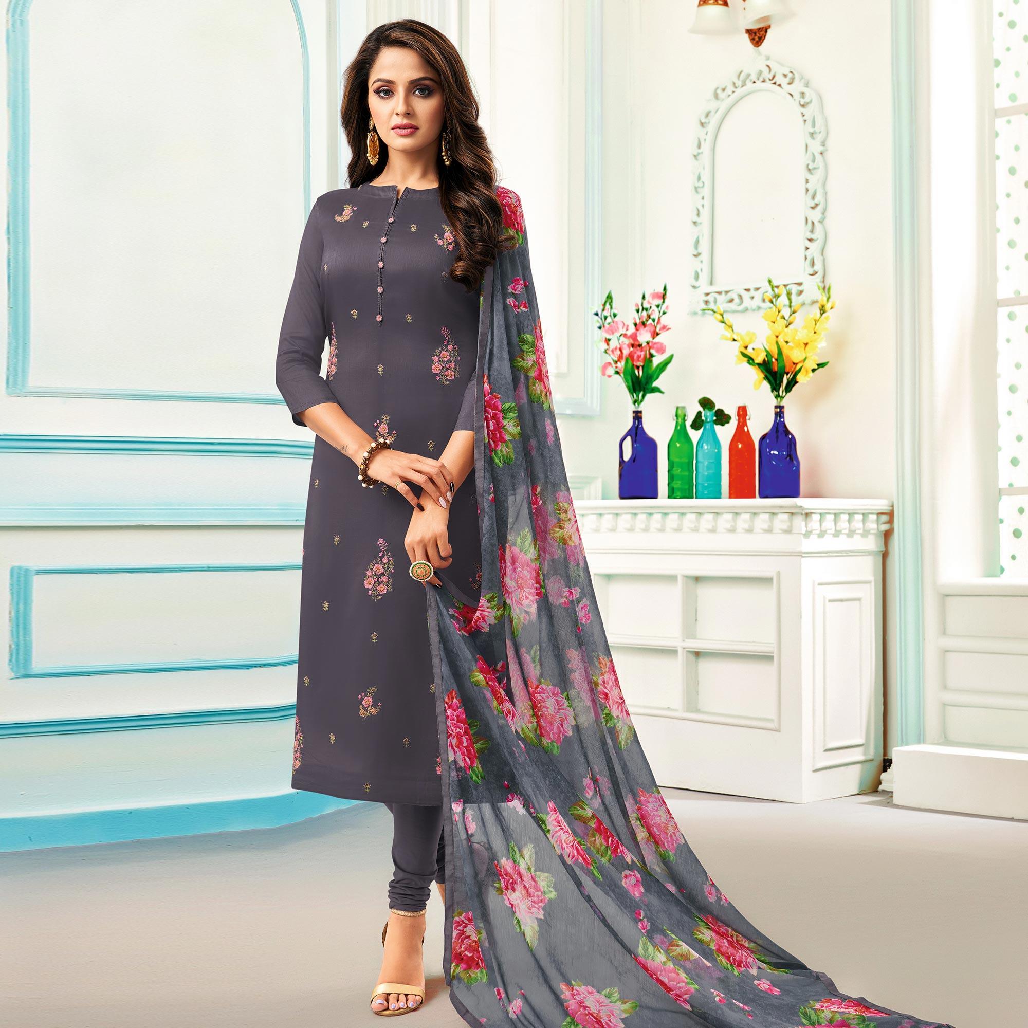 Radiant Dark Grey Colored Casual Wear Embroidered Chanderi Dress Material - Peachmode