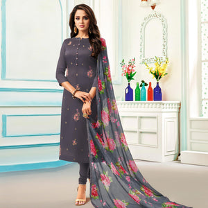 Radiant Dark Grey Colored Casual Wear Embroidered Chanderi Dress Material - Peachmode