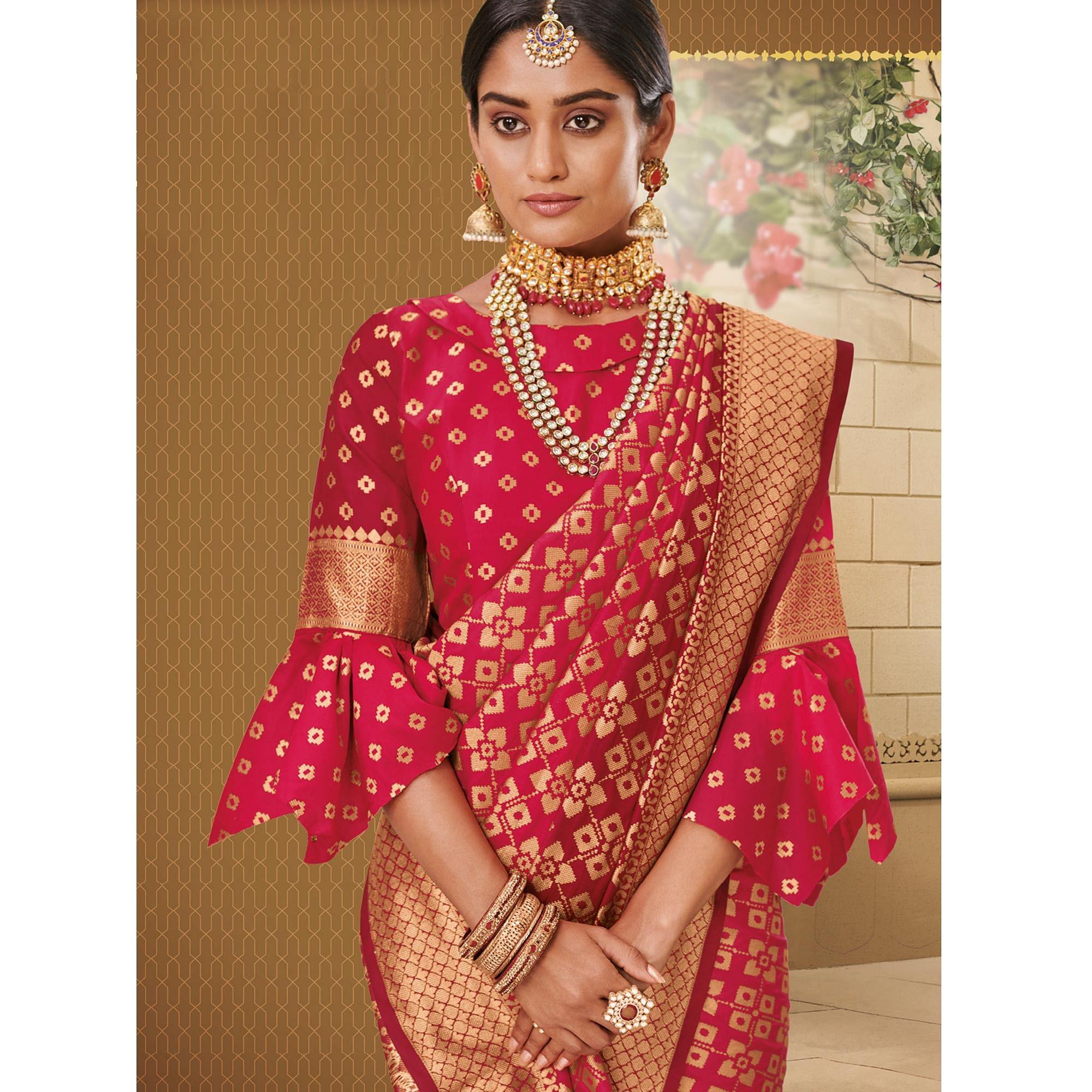 Radiant Deep Pink Colored Festive Wear Woven Silk Saree - Peachmode