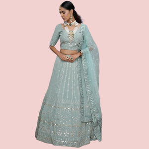 Radiant Dusty Green Colored Party Wear Embroidered Georgette Lehenga Choli - Peachmode