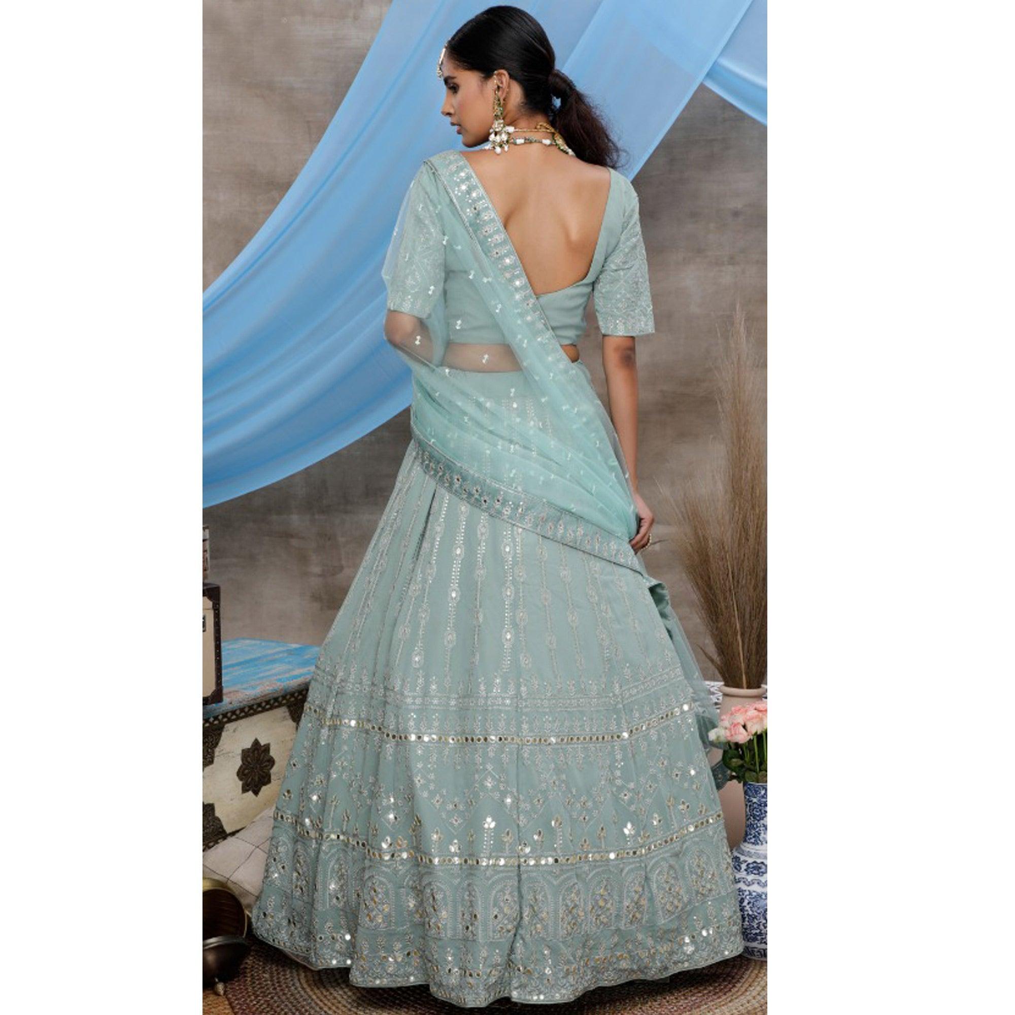Radiant Dusty Green Colored Party Wear Embroidered Georgette Lehenga Choli - Peachmode