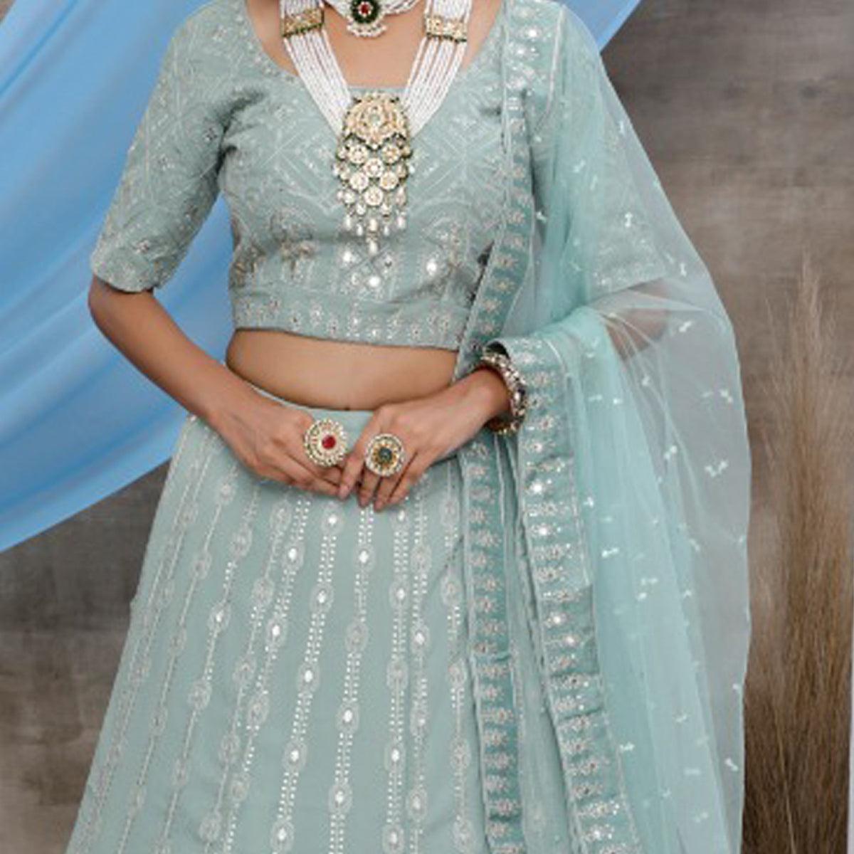 Radiant Dusty Green Colored Party Wear Embroidered Georgette Lehenga Choli - Peachmode