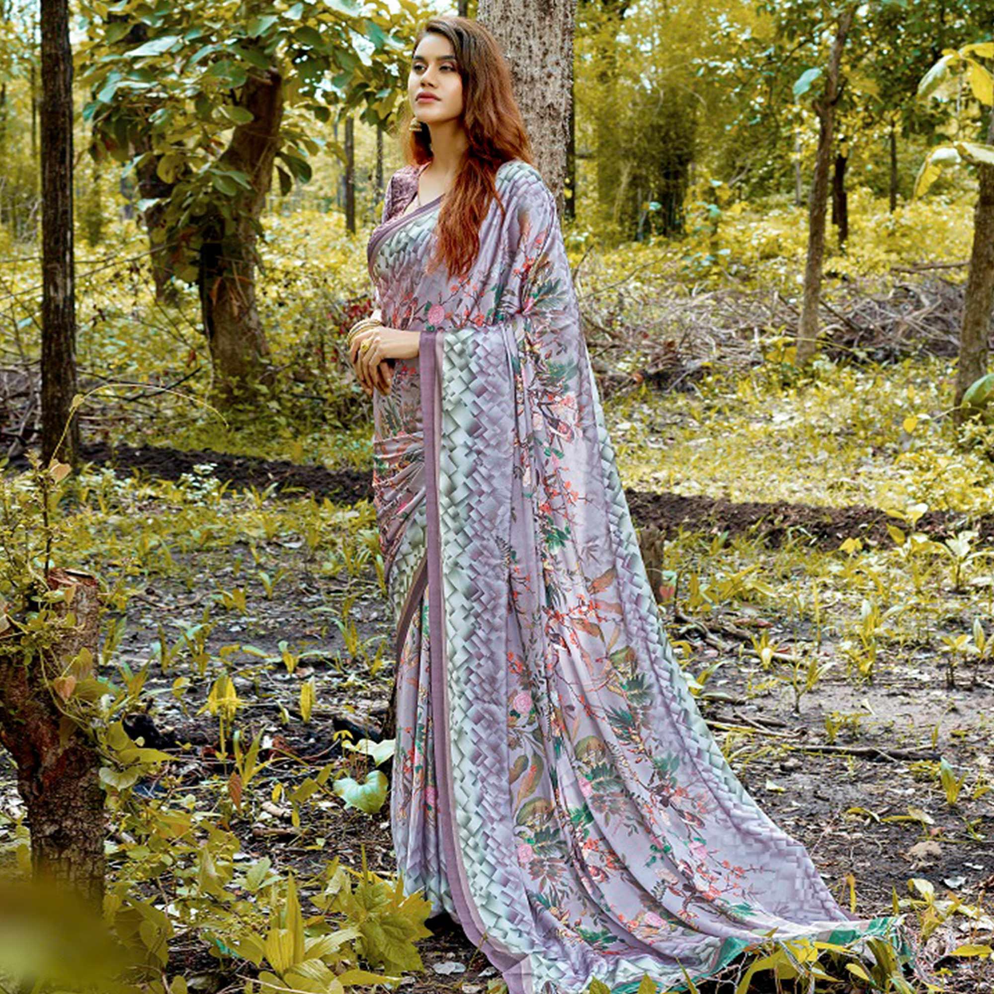 Radiant Gray Colored Casual Digital Printed Satin Crepe Saree - Peachmode