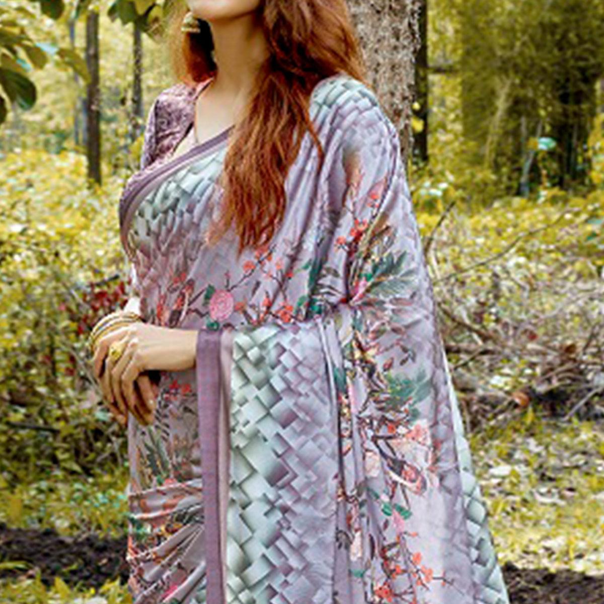 Radiant Gray Colored Casual Digital Printed Satin Crepe Saree - Peachmode
