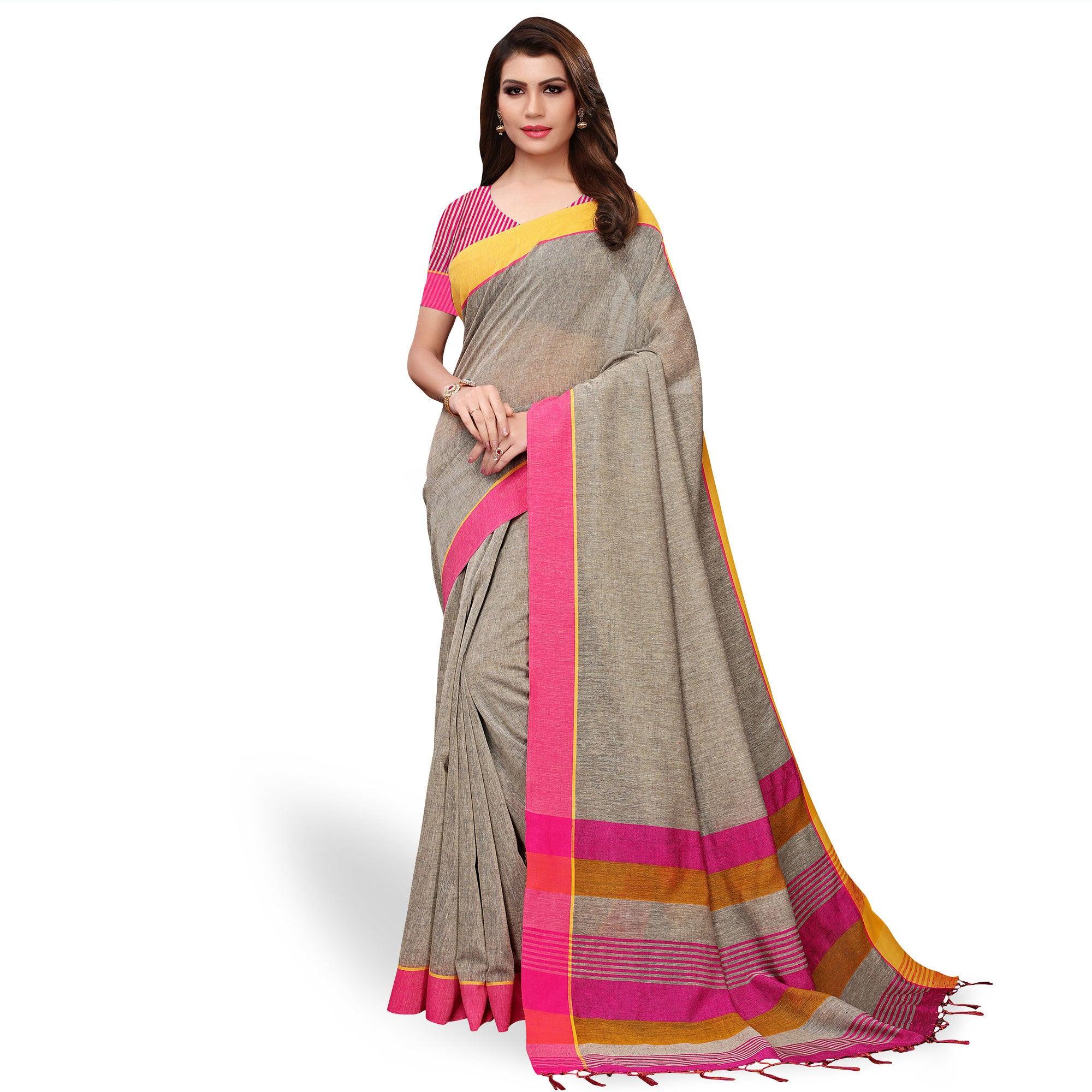 Radiant Gray Colored Festive Wear Linen Saree - Peachmode
