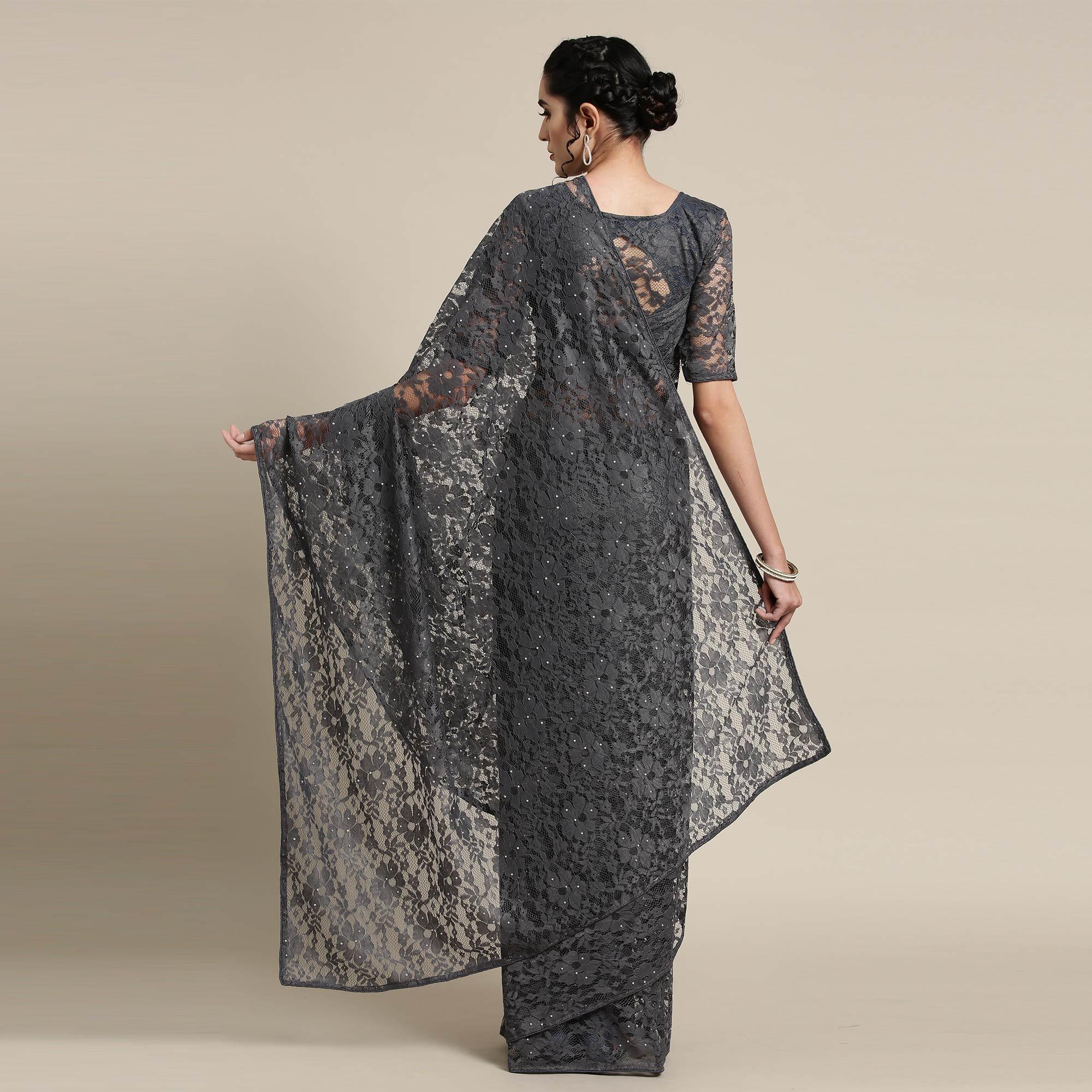 Radiant Gray Colored Partywear Netted Saree - Peachmode