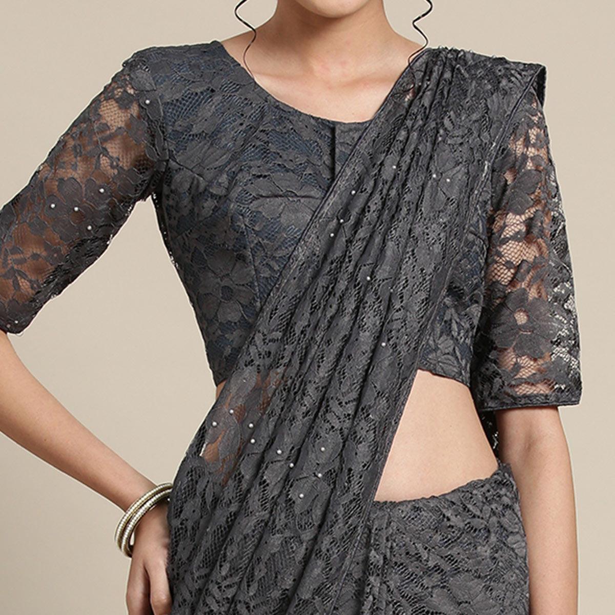 Radiant Gray Colored Partywear Netted Saree - Peachmode
