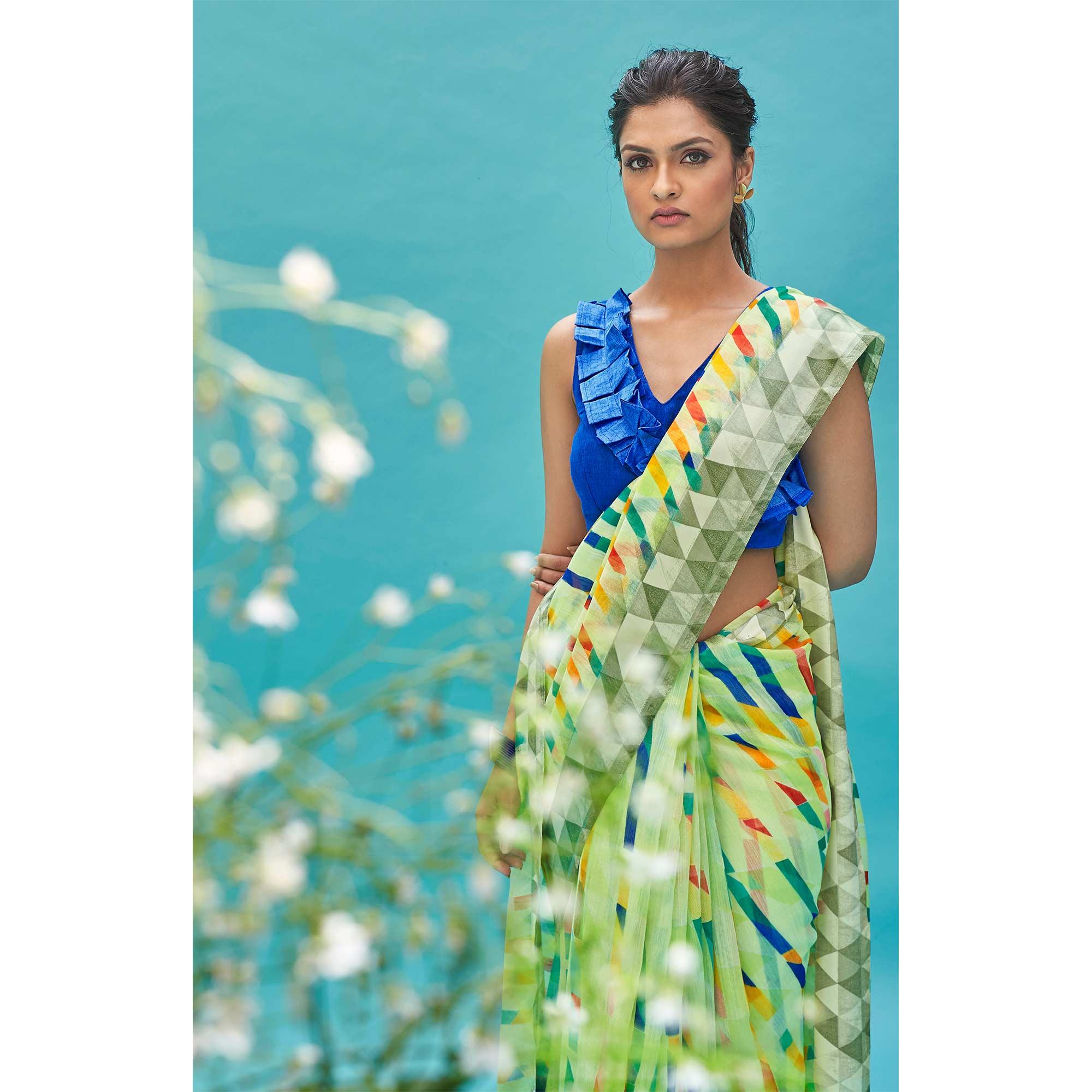 Radiant Green Colored Casual Wear Digital Printed Linen Cotton Saree - Peachmode