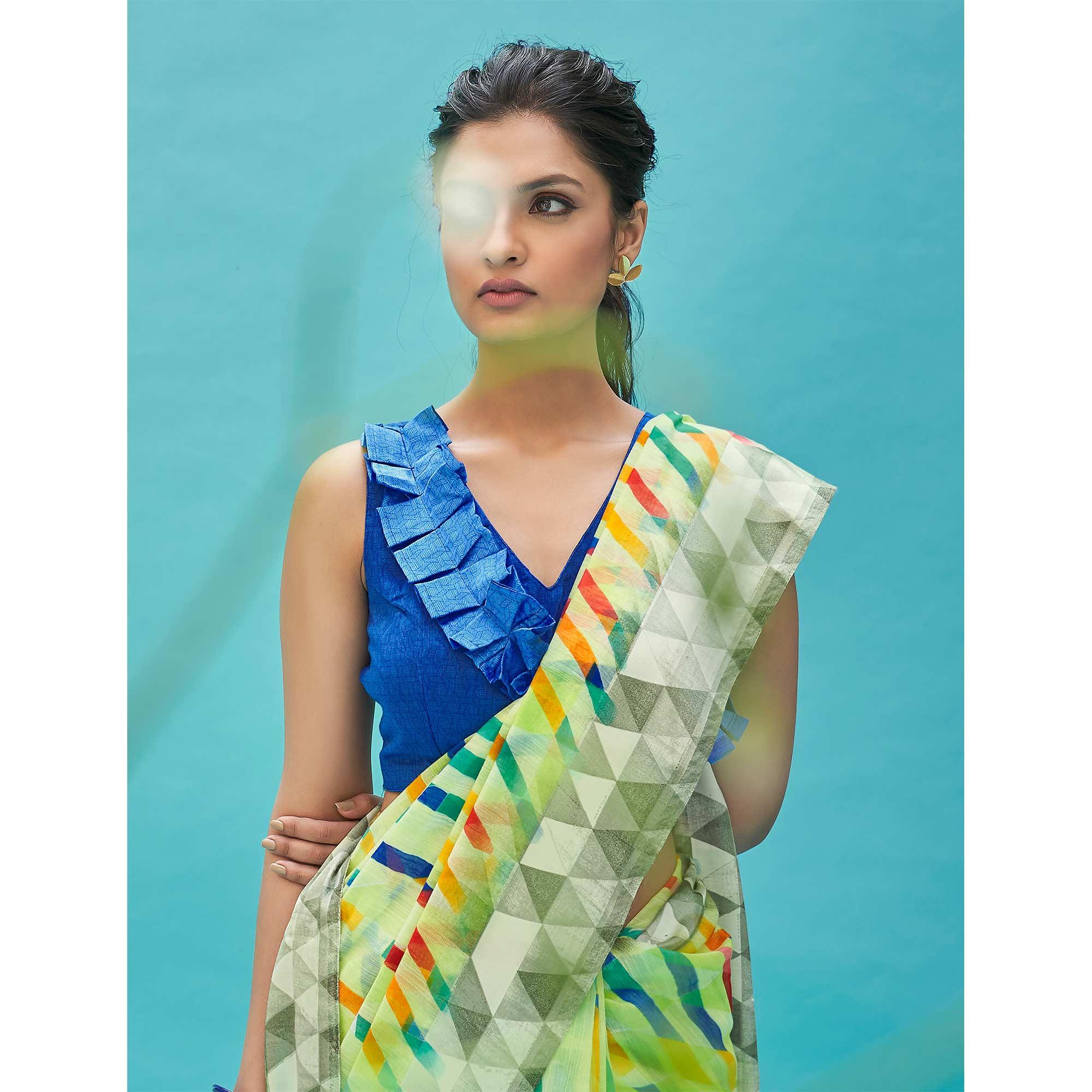Radiant Green Colored Casual Wear Digital Printed Linen Cotton Saree - Peachmode