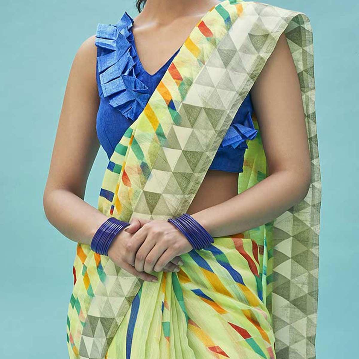 Radiant Green Colored Casual Wear Digital Printed Linen Cotton Saree - Peachmode