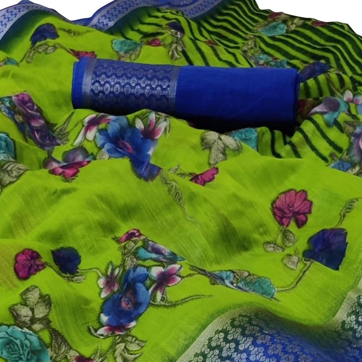 Radiant Green Colored Casual Wear Floral Printed Linen Saree - Peachmode