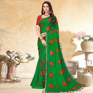 Radiant Green Colored Casual Wear Printed Chiffon Saree - Peachmode