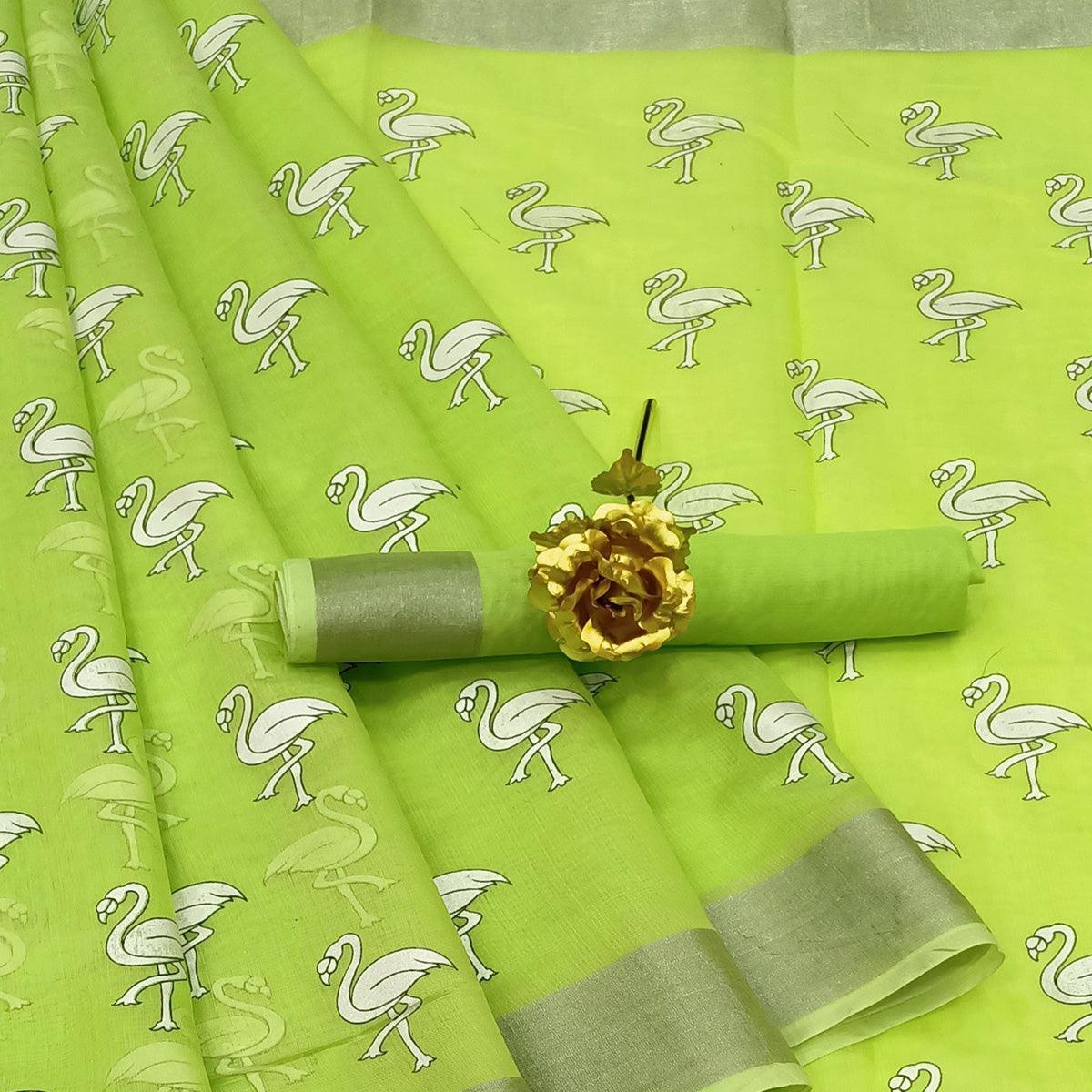 Radiant Green Colored Casual Wear Printed Cotton Linen Saree - Peachmode