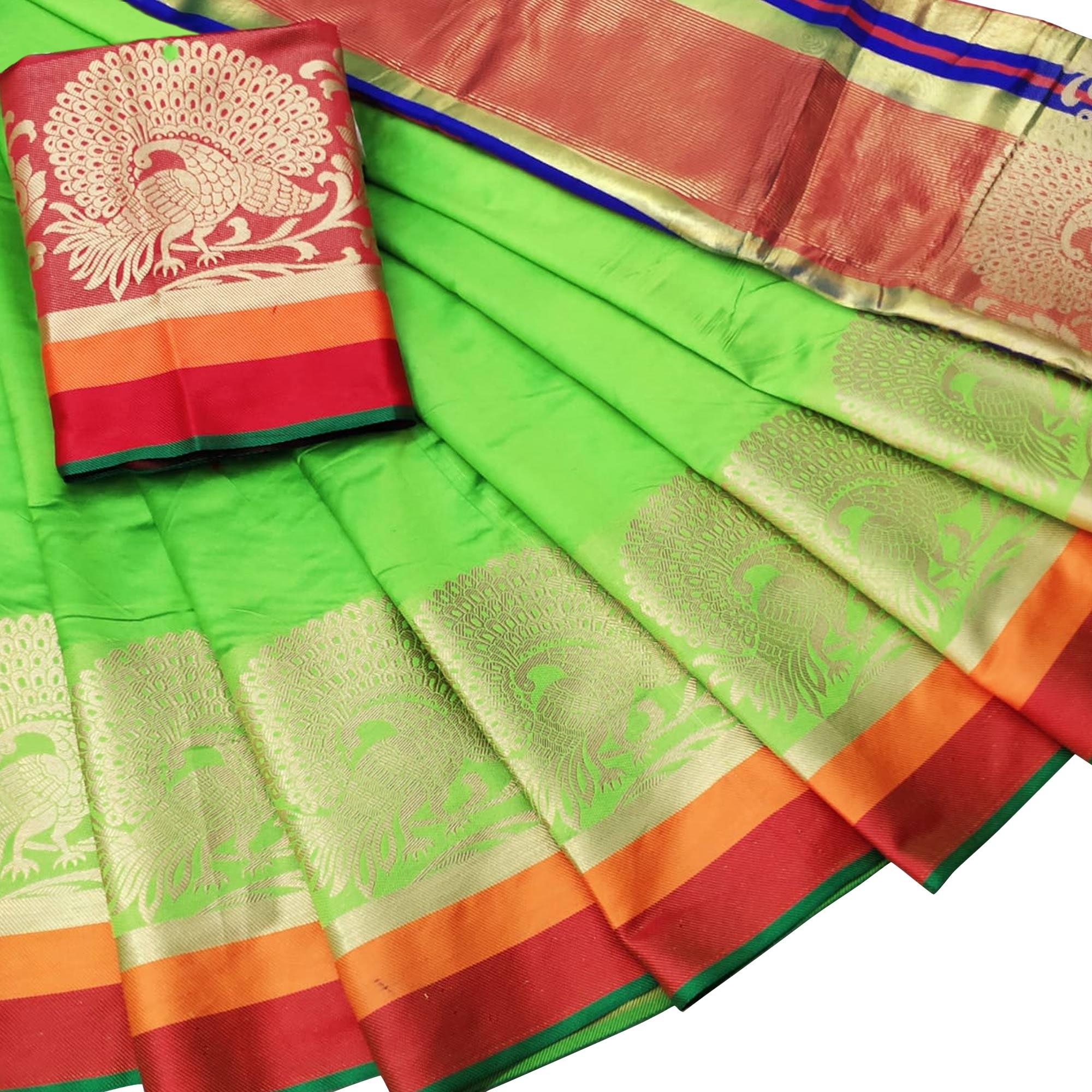 Radiant Green Colored Festive Wear Woven Silk Saree - Peachmode