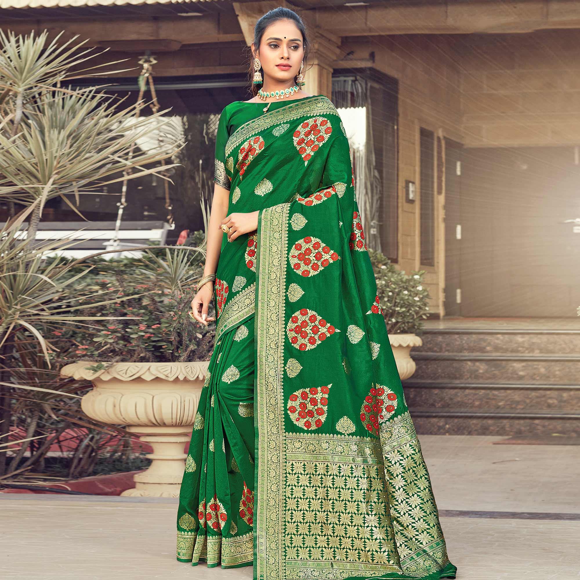 Radiant Green Colored Festive Wear Woven Silk Saree - Peachmode
