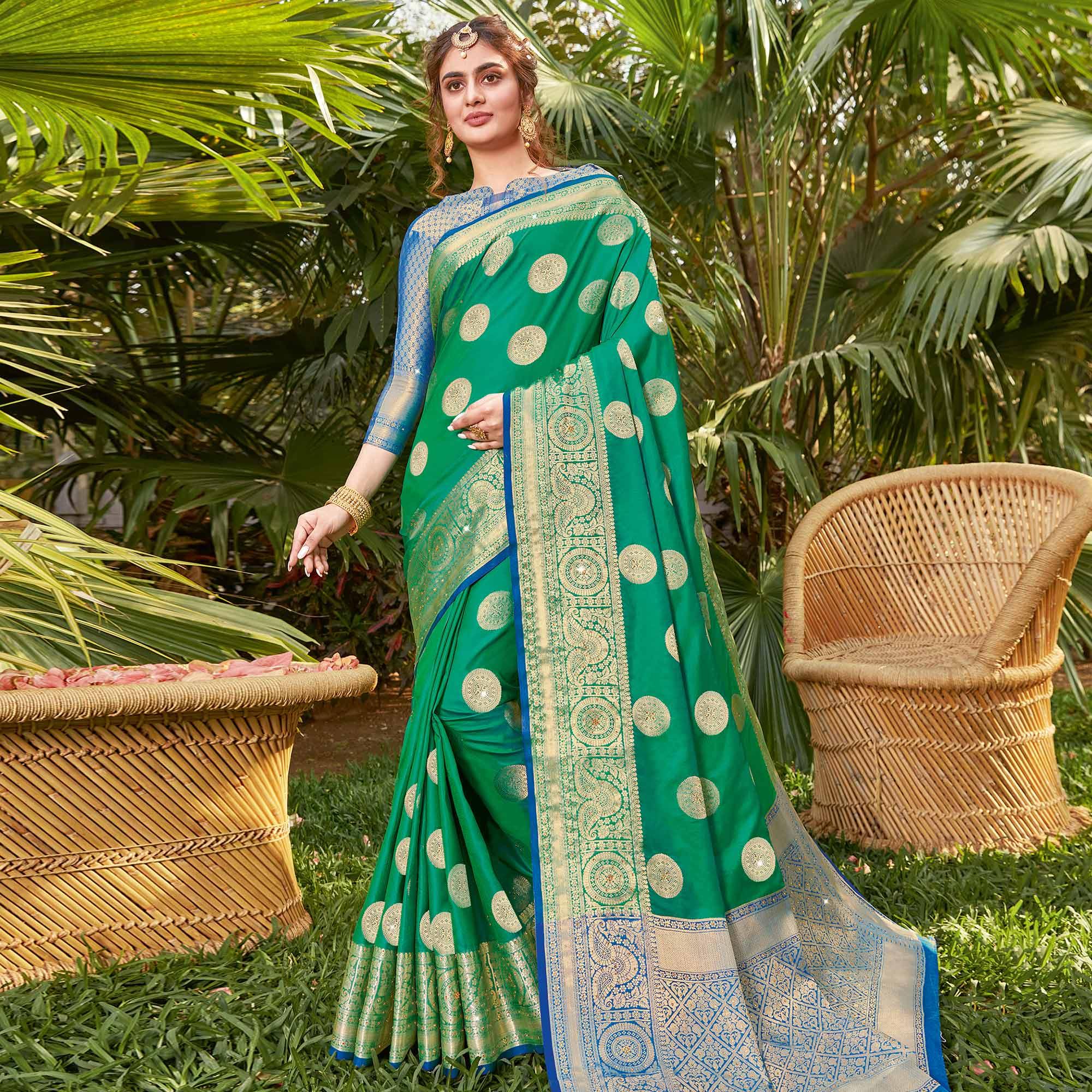 Radiant Green Colored Festive Wear Woven Silk Saree - Peachmode