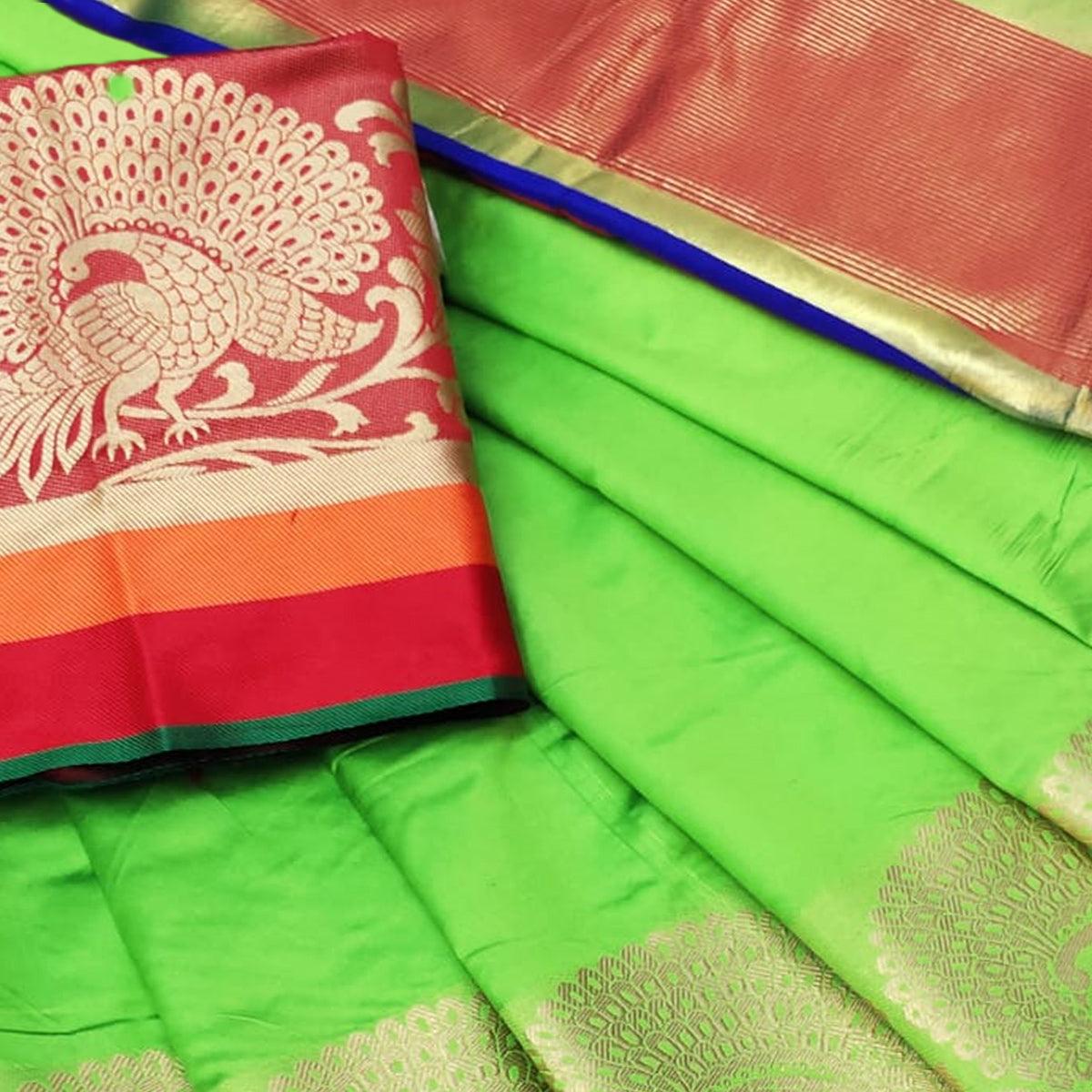 Radiant Green Colored Festive Wear Woven Silk Saree - Peachmode