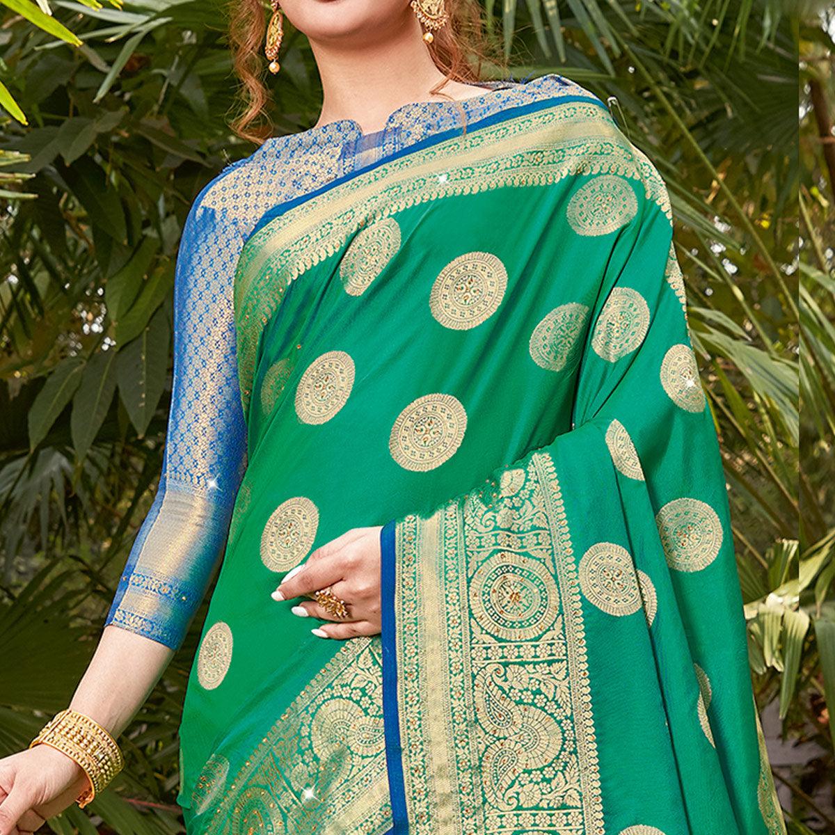 Radiant Green Colored Festive Wear Woven Silk Saree - Peachmode