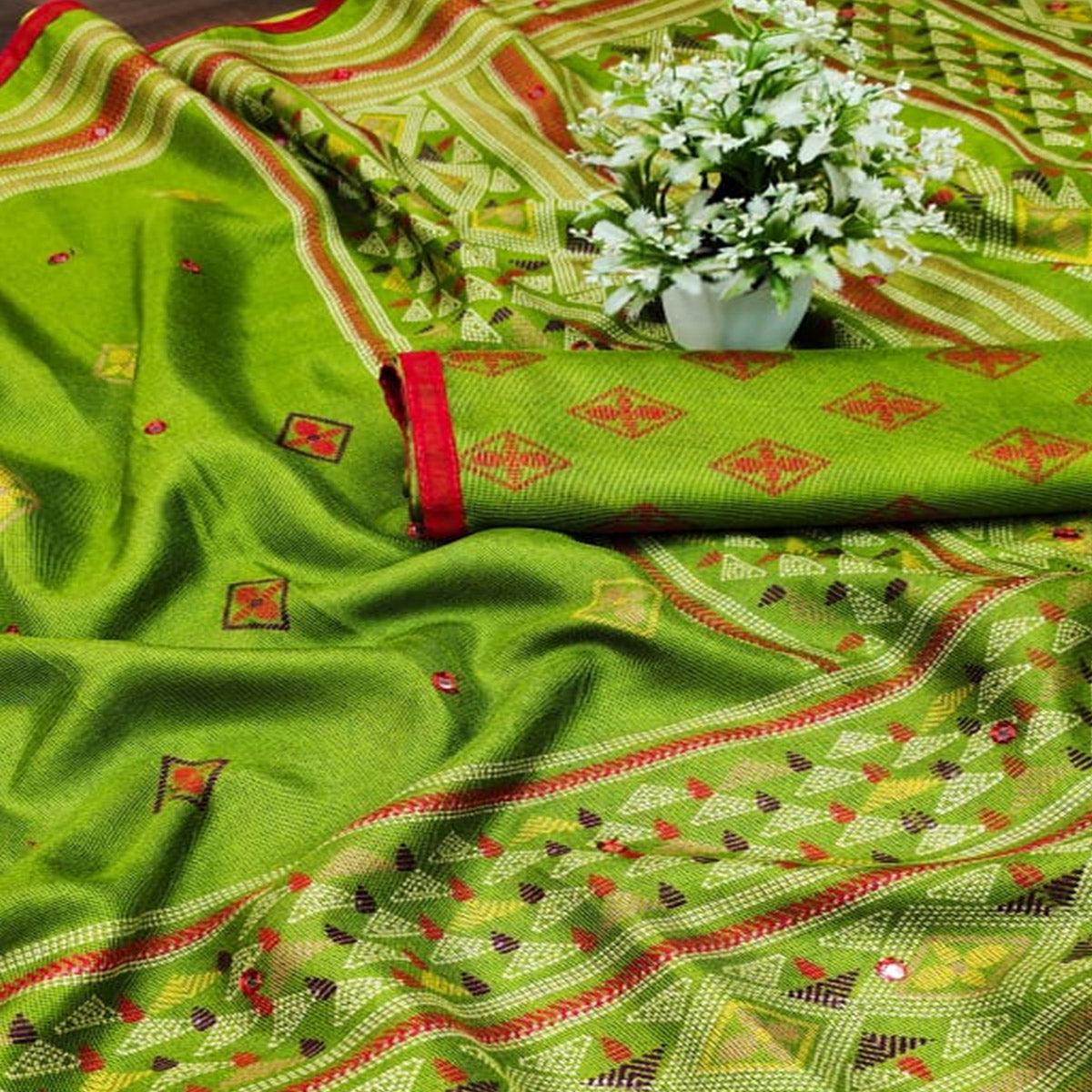 Radiant Green Coloured Casual Wear Printed Cotton Jute Saree - Peachmode