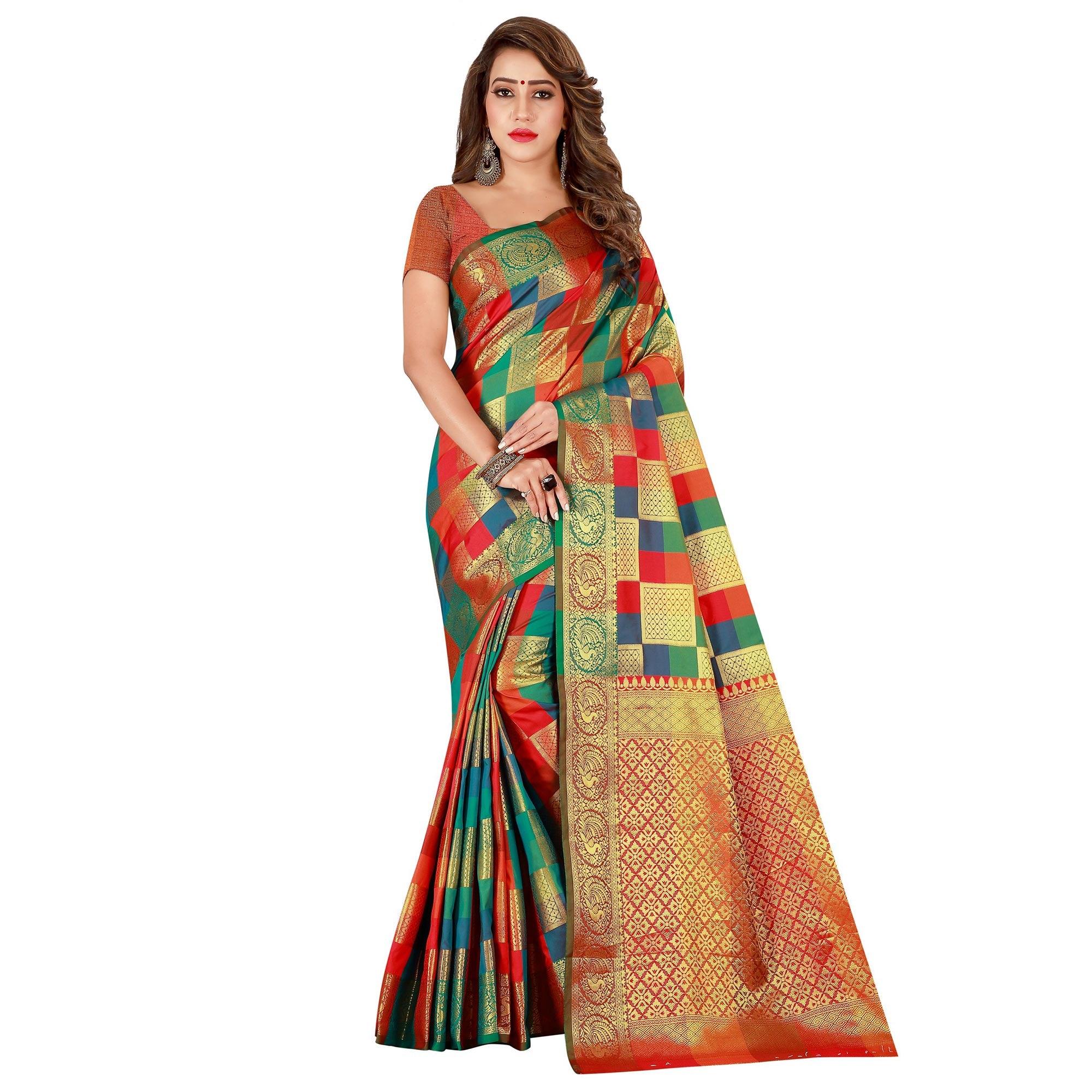 Radiant Green-Multi Colored Festive Wear Art Silk Saree - Peachmode