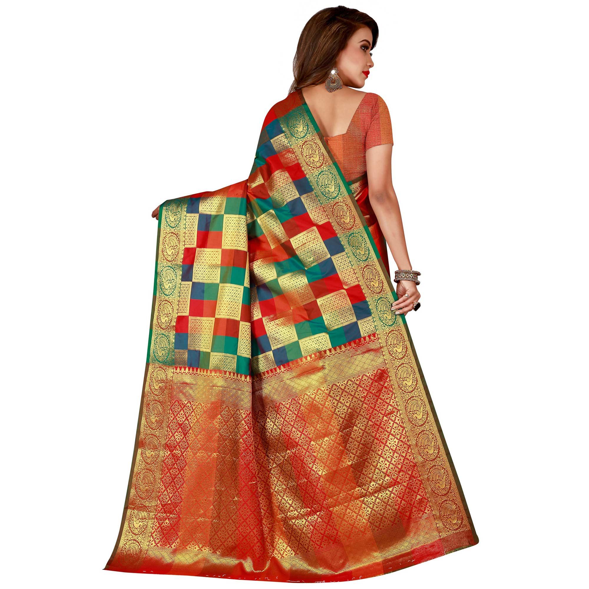 Radiant Green-Multi Colored Festive Wear Art Silk Saree - Peachmode