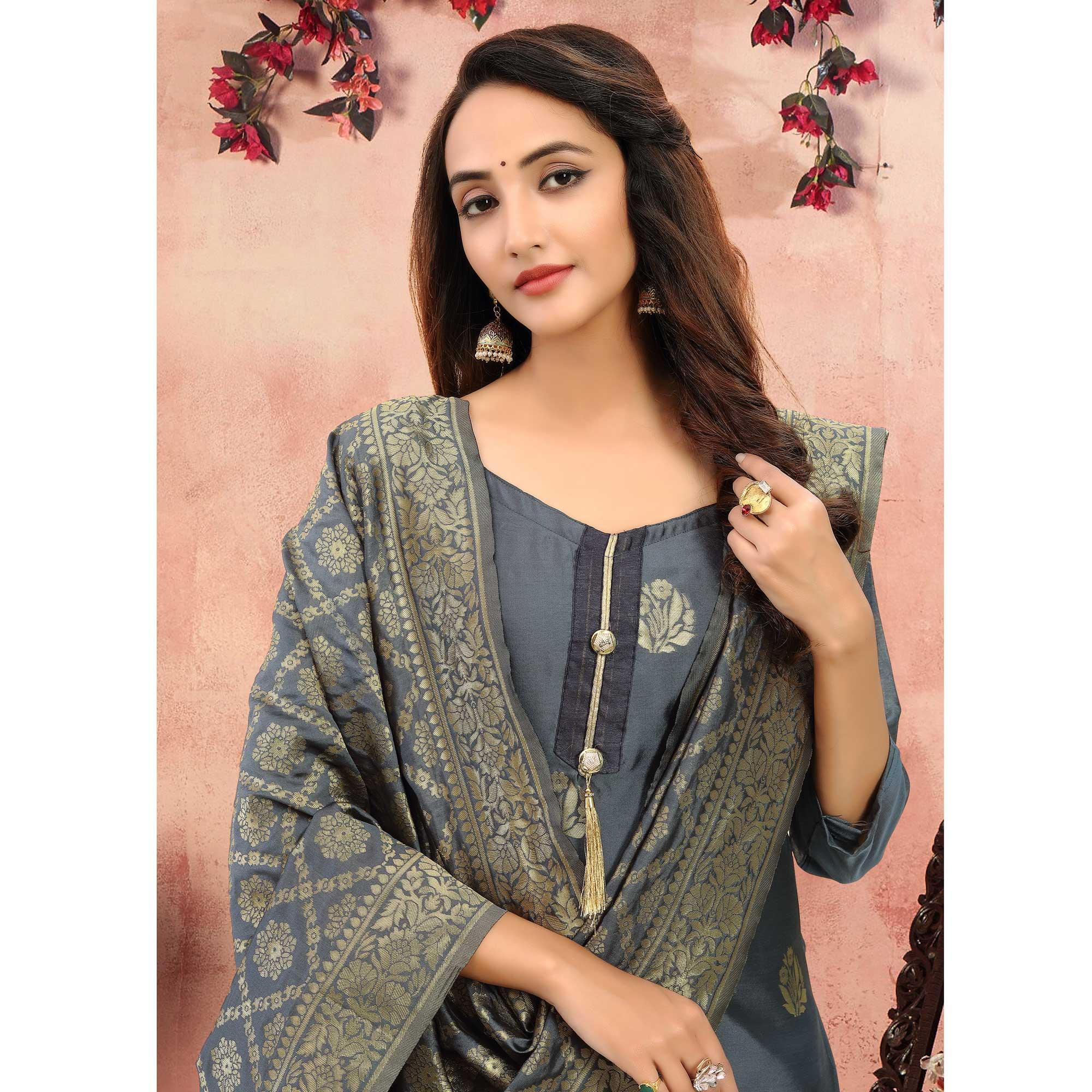 Radiant Grey Colored Festive Wear Woven Banarasi Silk Dress Material - Peachmode