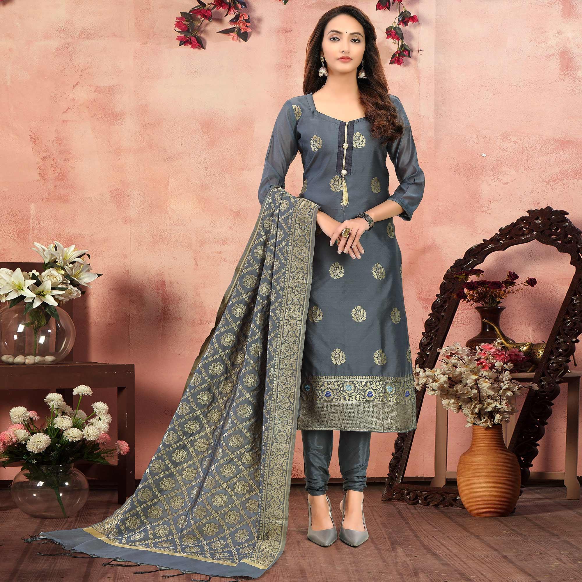 Radiant Grey Colored Festive Wear Woven Banarasi Silk Dress Material - Peachmode