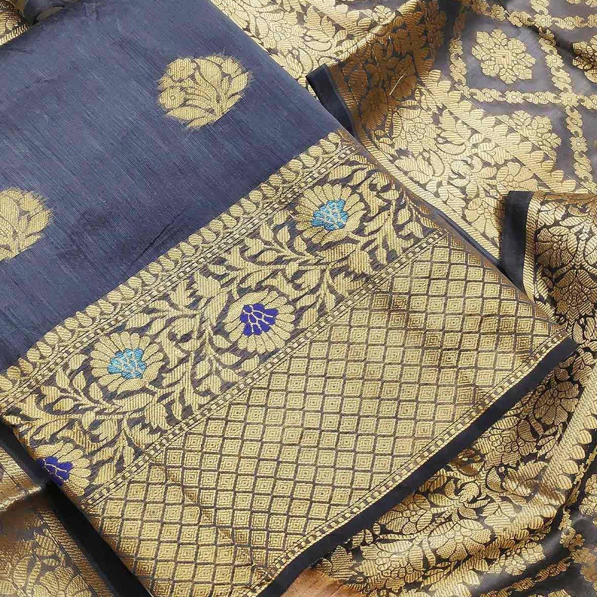 Radiant Grey Colored Festive Wear Woven Banarasi Silk Dress Material - Peachmode