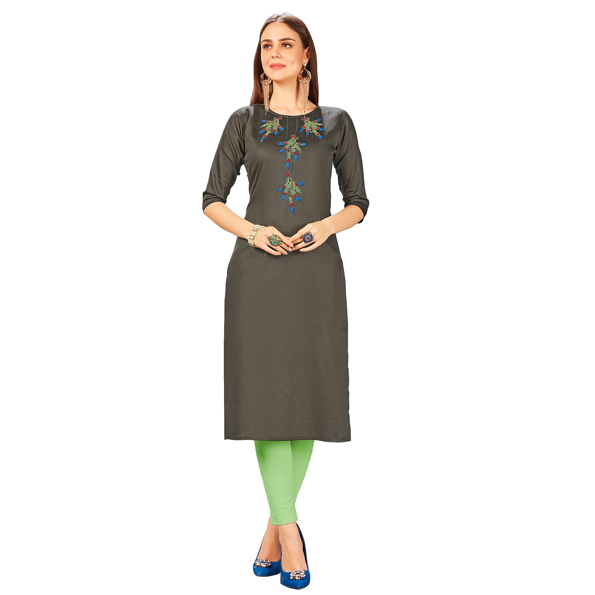 Radiant Grey Colored Party Wear Embroidered Jam Cotton Silk Kurti - Peachmode