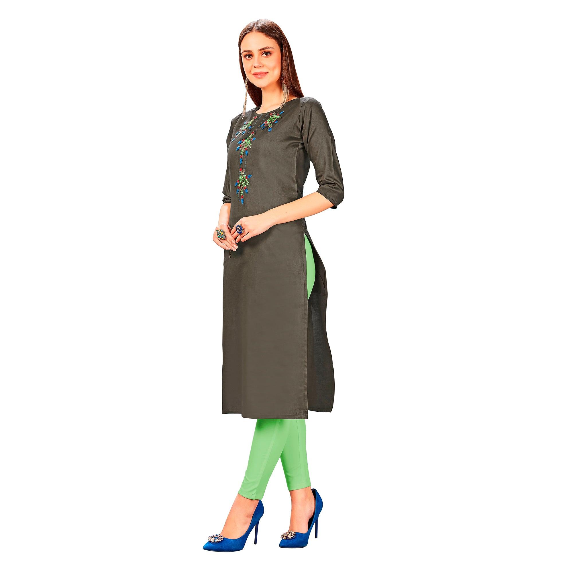 Radiant Grey Colored Party Wear Embroidered Jam Cotton Silk Kurti - Peachmode
