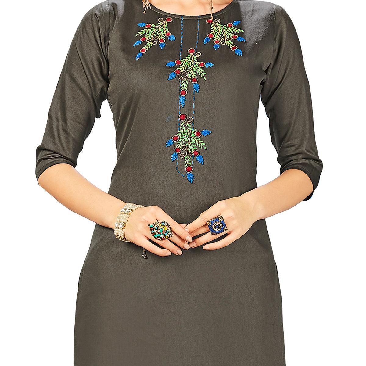 Radiant Grey Colored Party Wear Embroidered Jam Cotton Silk Kurti - Peachmode