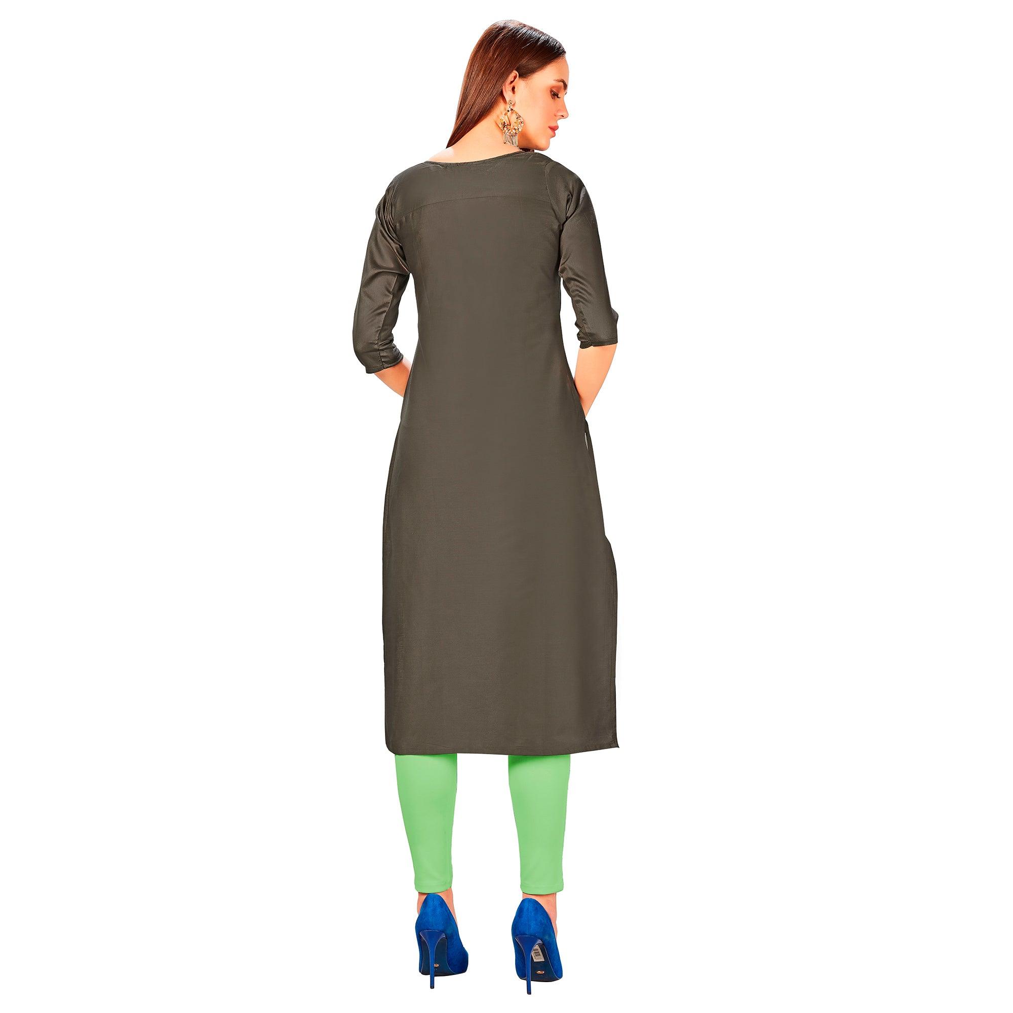Radiant Grey Colored Party Wear Embroidered Jam Cotton Silk Kurti - Peachmode