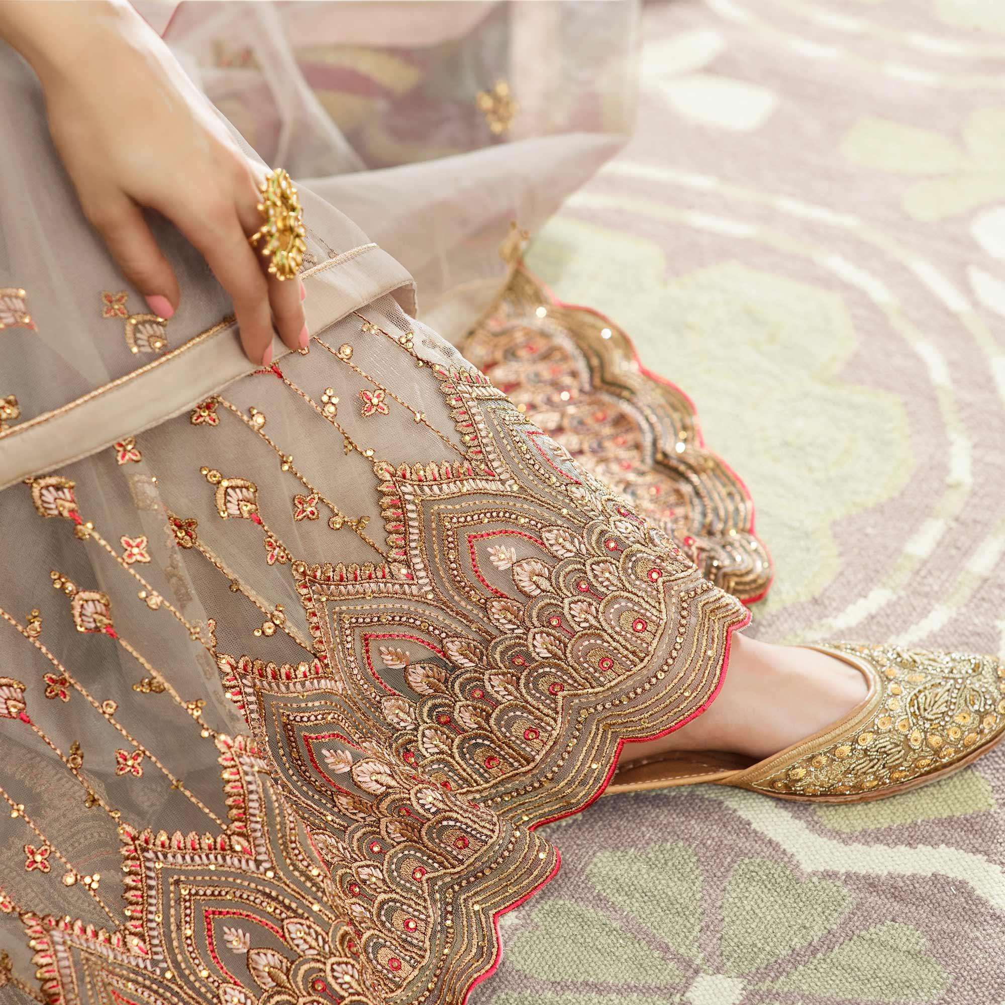 Radiant Grey Coloured Partywear Embroidered Net Palazzo Suit - Peachmode