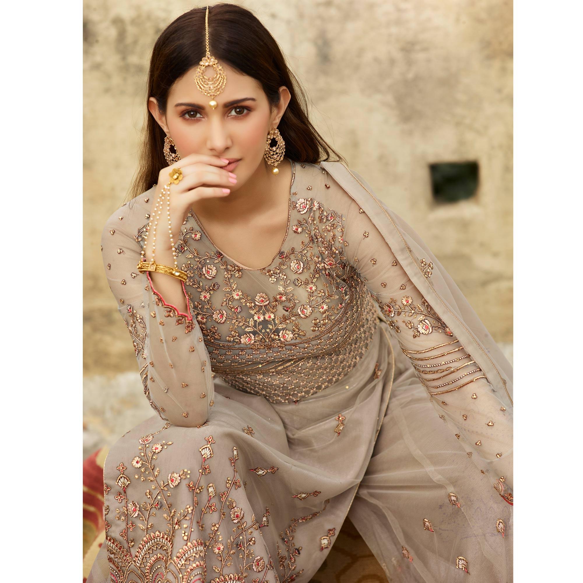Radiant Grey Coloured Partywear Embroidered Net Palazzo Suit - Peachmode