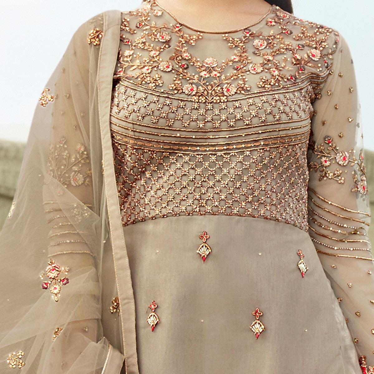 Radiant Grey Coloured Partywear Embroidered Net Palazzo Suit - Peachmode