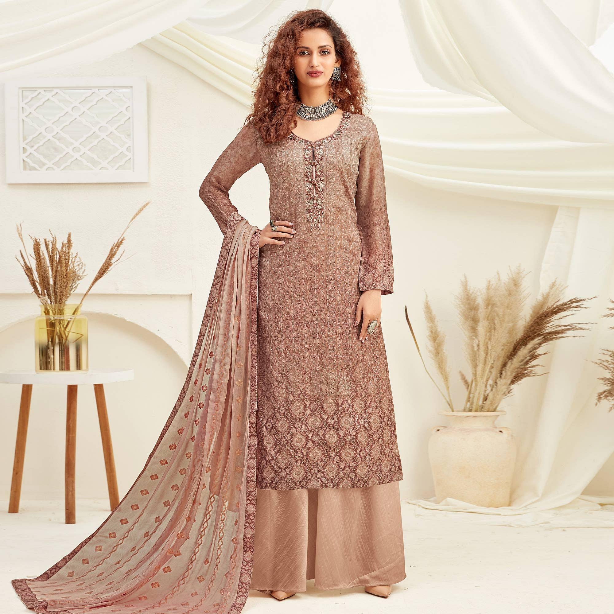 Radiant light brwon Colored Embroidered With Digital Printed Partywear Pure Viscose Chinnon Chiffon Palazzo Suit - Peachmode
