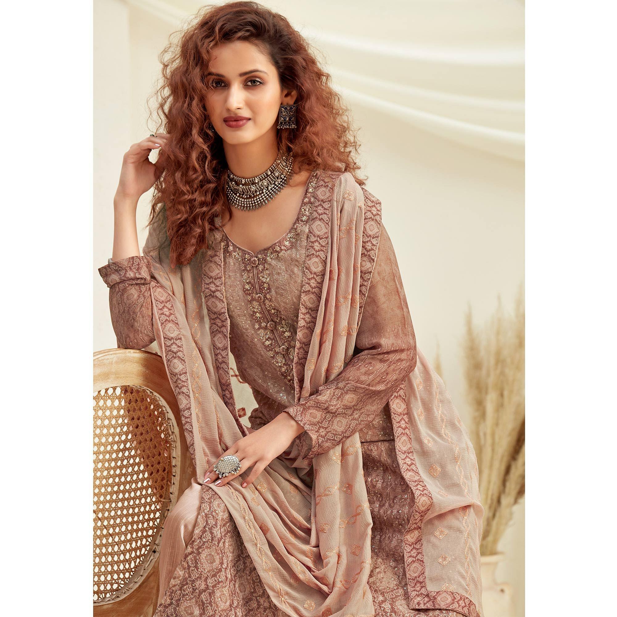 Radiant light brwon Colored Embroidered With Digital Printed Partywear Pure Viscose Chinnon Chiffon Palazzo Suit - Peachmode