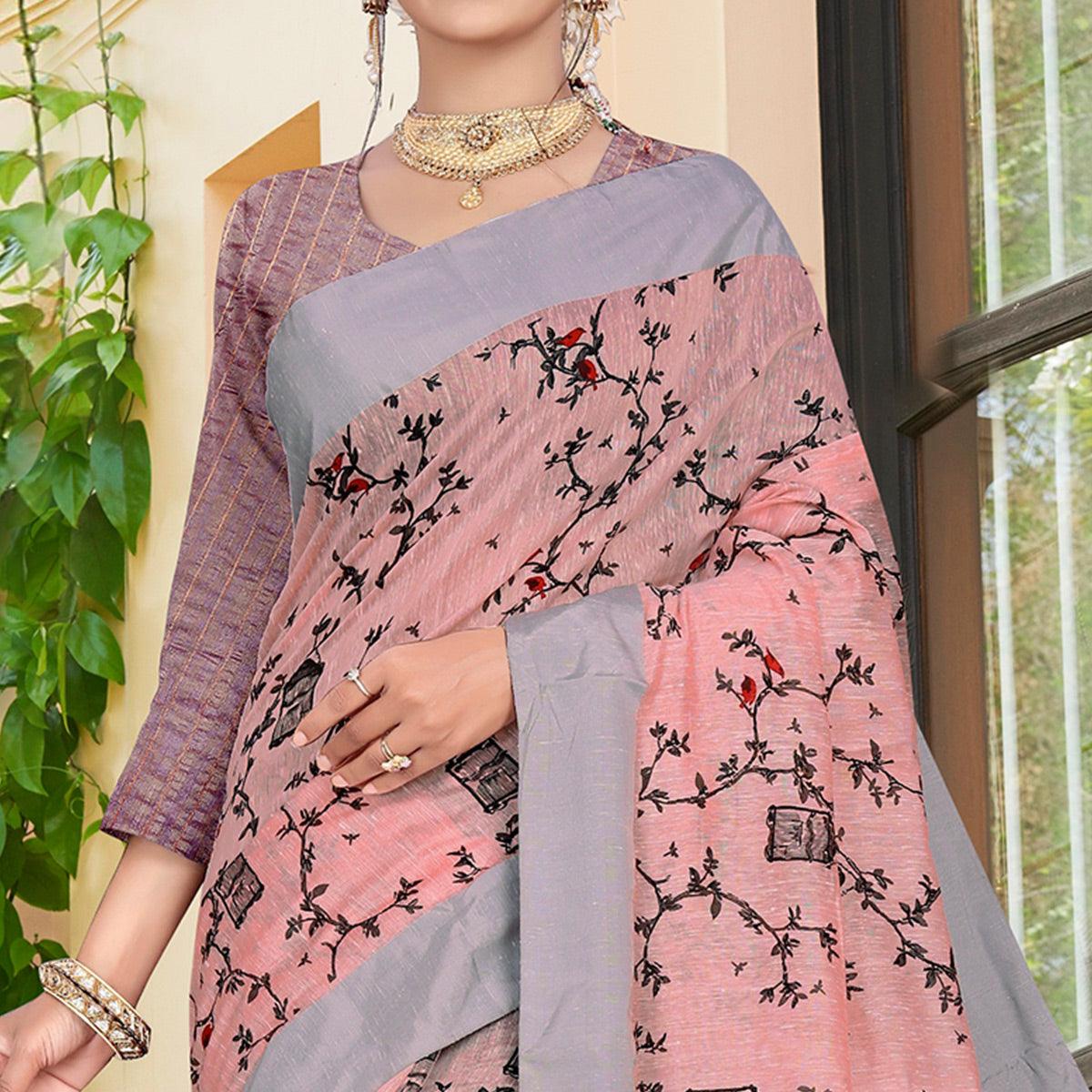 Radiant Light Pink Colored Casual Printed-Woven Linen Saree With Tassels - Peachmode