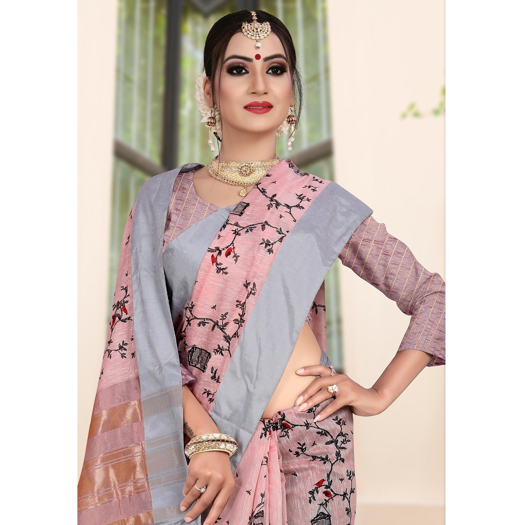 Radiant Light Pink Colored Casual Printed-Woven Linen Saree With Tassels - Peachmode