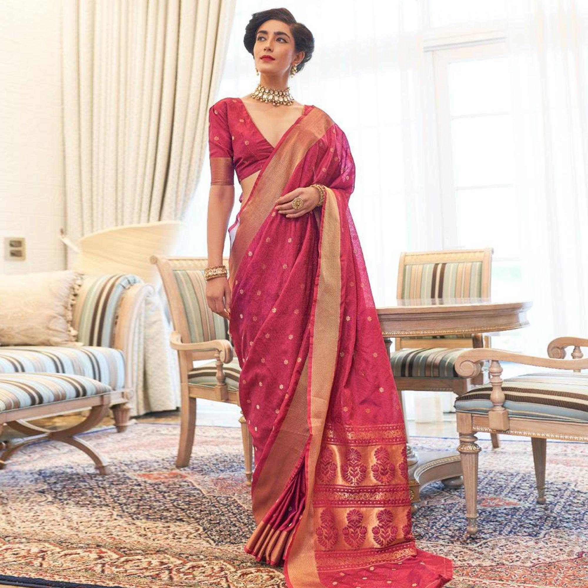 Radiant Magenta Colored Festive Wear Woven Pure Kanjivaram Silk Saree - Peachmode