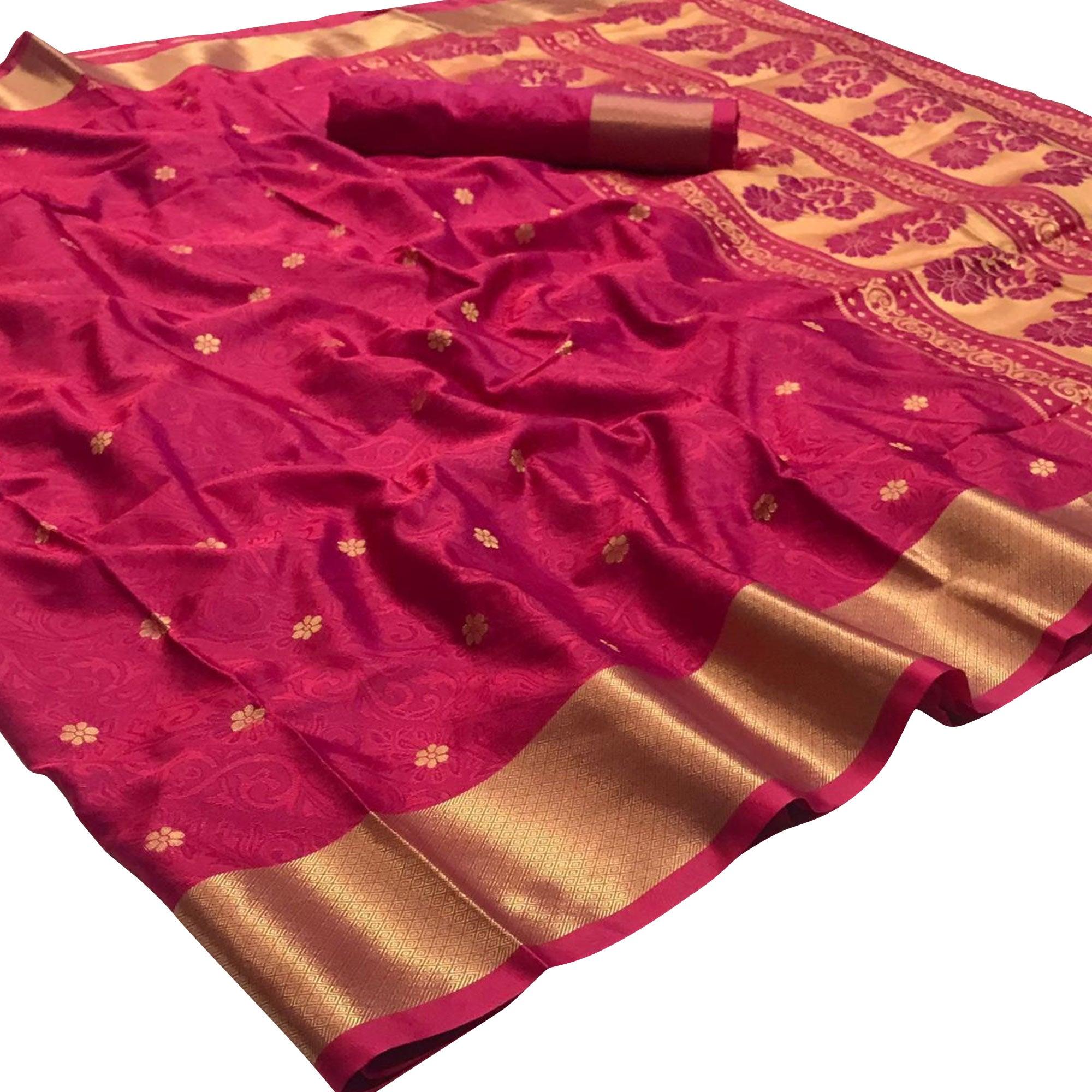 Radiant Magenta Colored Festive Wear Woven Pure Kanjivaram Silk Saree - Peachmode