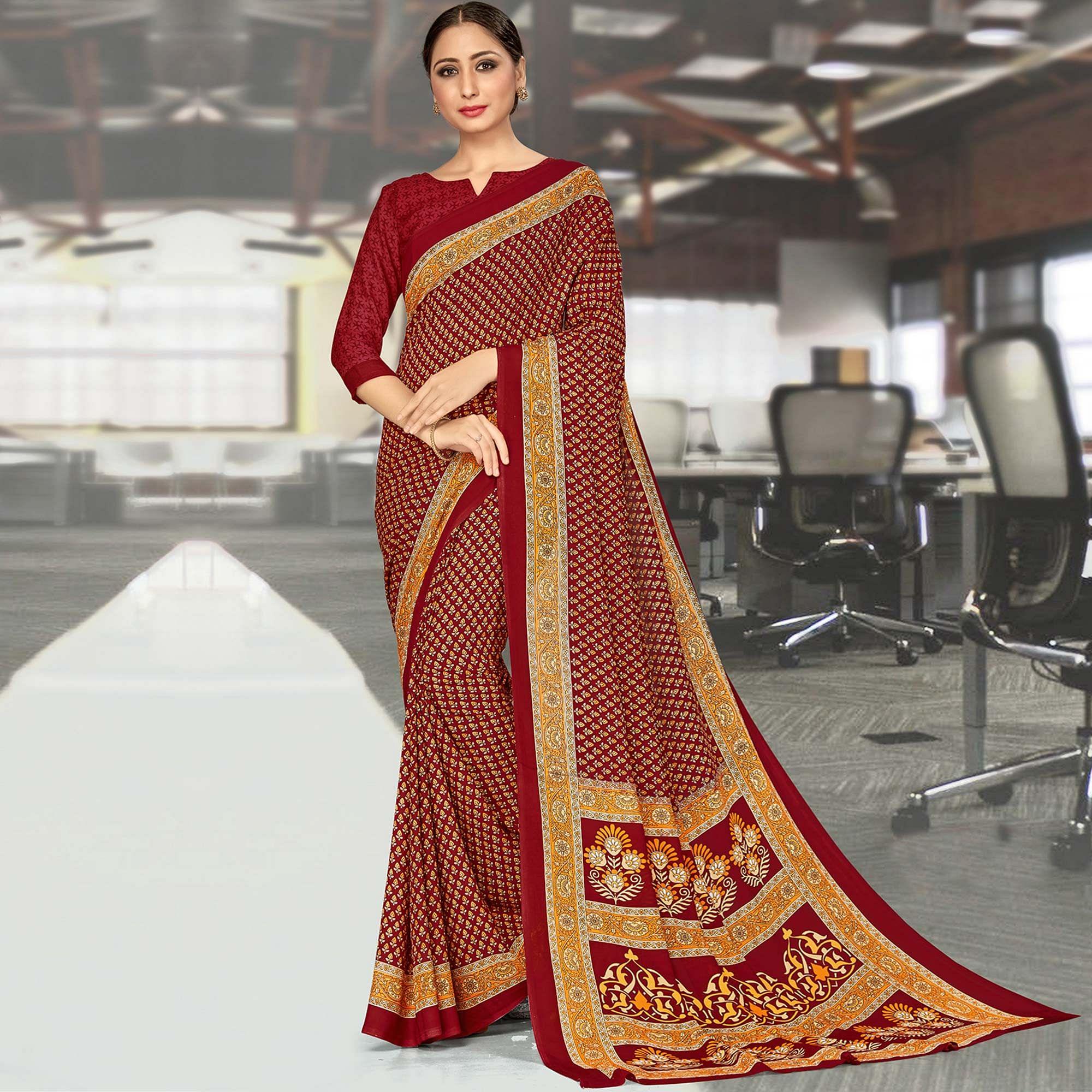 Radiant Maroon Coloured Casual Wear Printed Crepe Saree - Peachmode