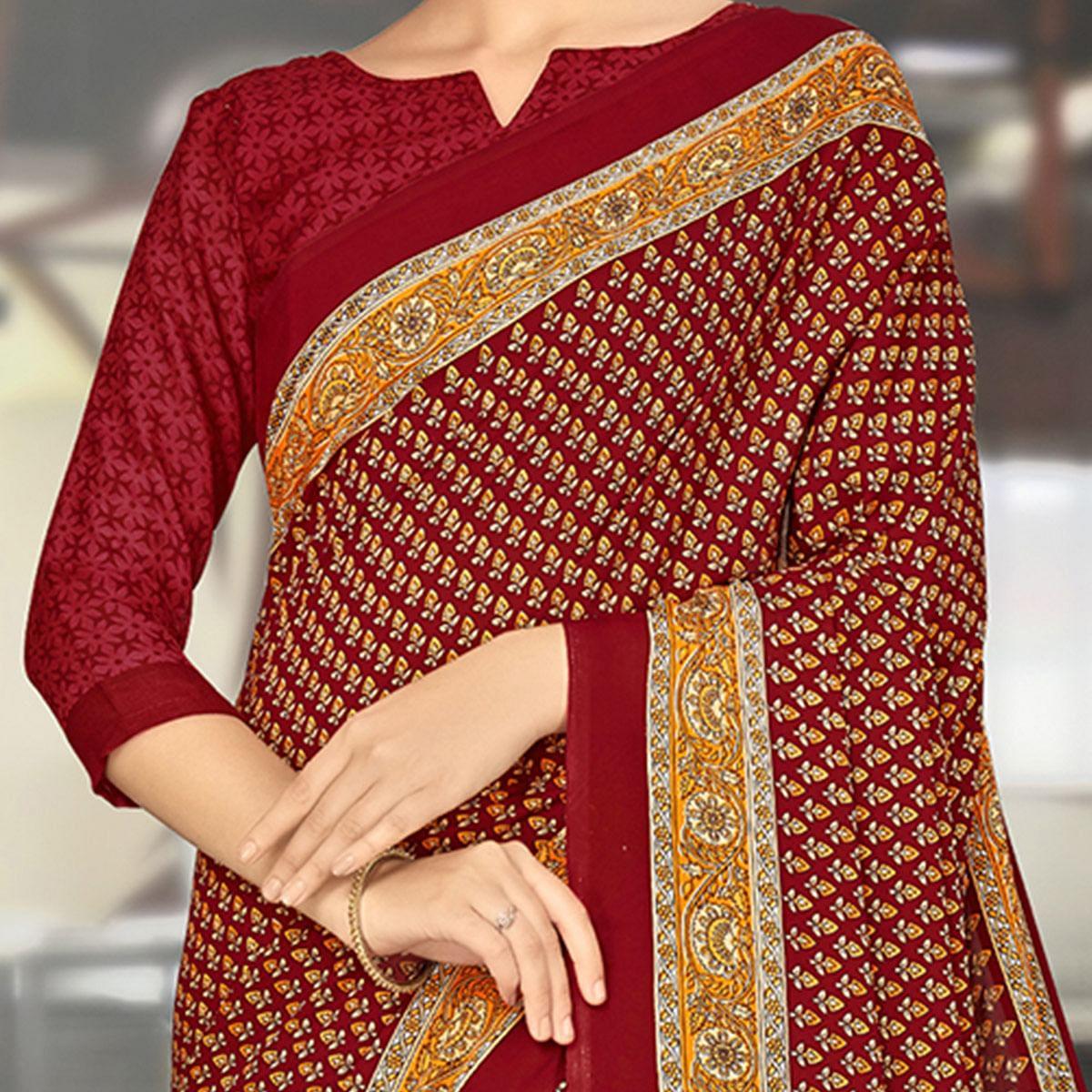Radiant Maroon Coloured Casual Wear Printed Crepe Saree - Peachmode