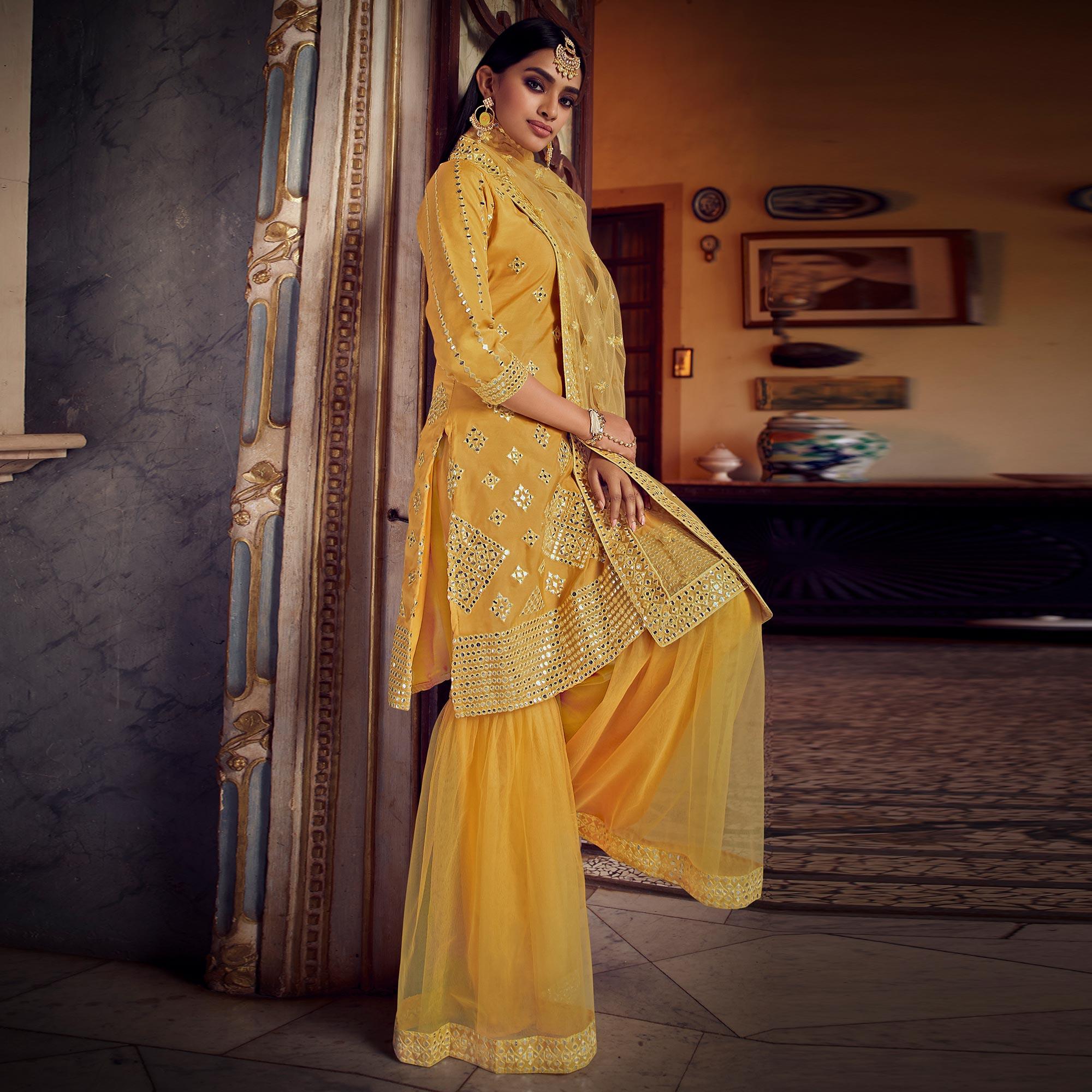 Radiant Mustard Yellow Coloured Partywear Thread Foil Mirror Work Organza Pallazo Suit - Peachmode